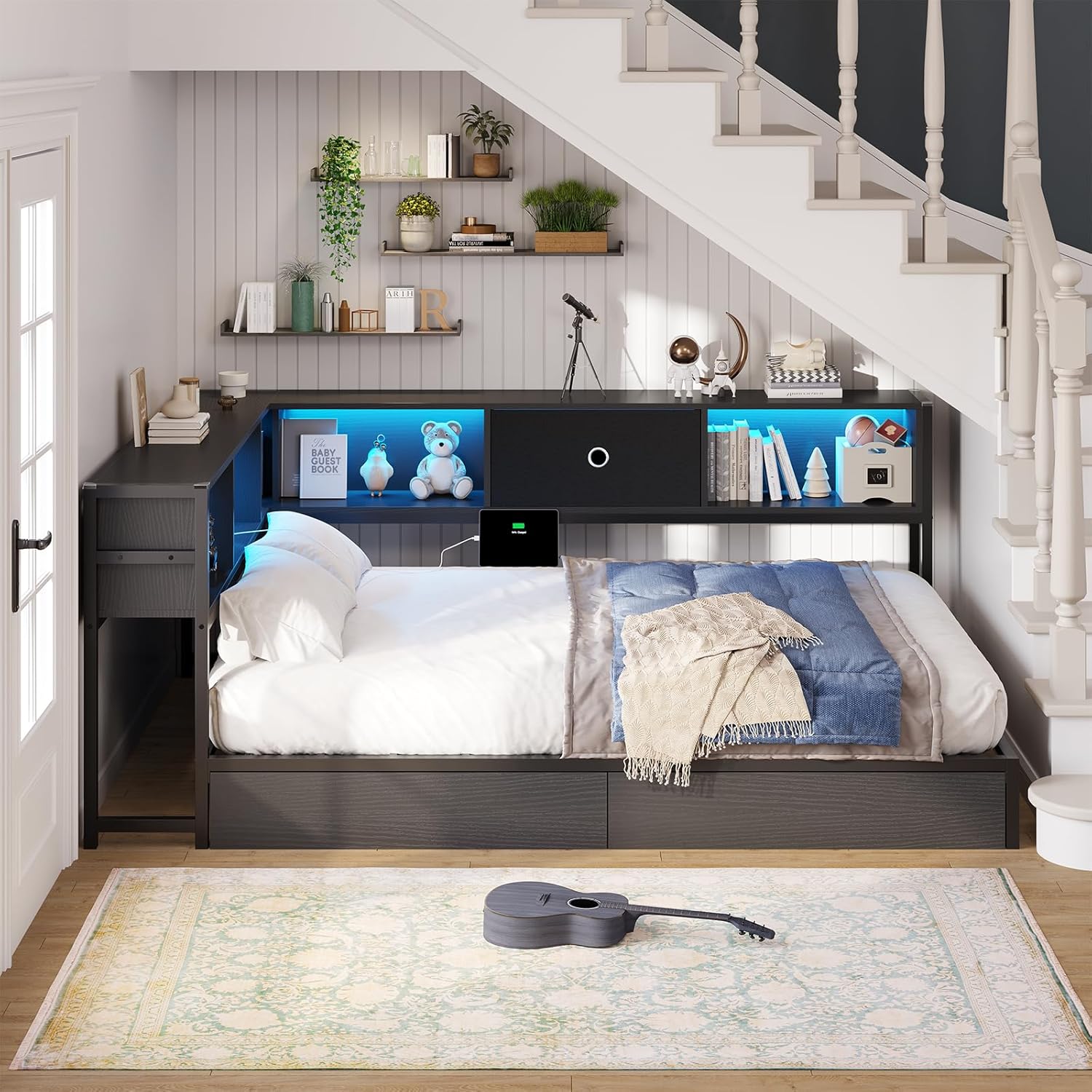 Hasuit Full Corner Bed Frame with Storage Drawers and Bookcase Headboard, Full Size Metal Platform Corner Bed Frame with Charging Station and LED Lights, Full Daybed for Kids Teens Guests, Black