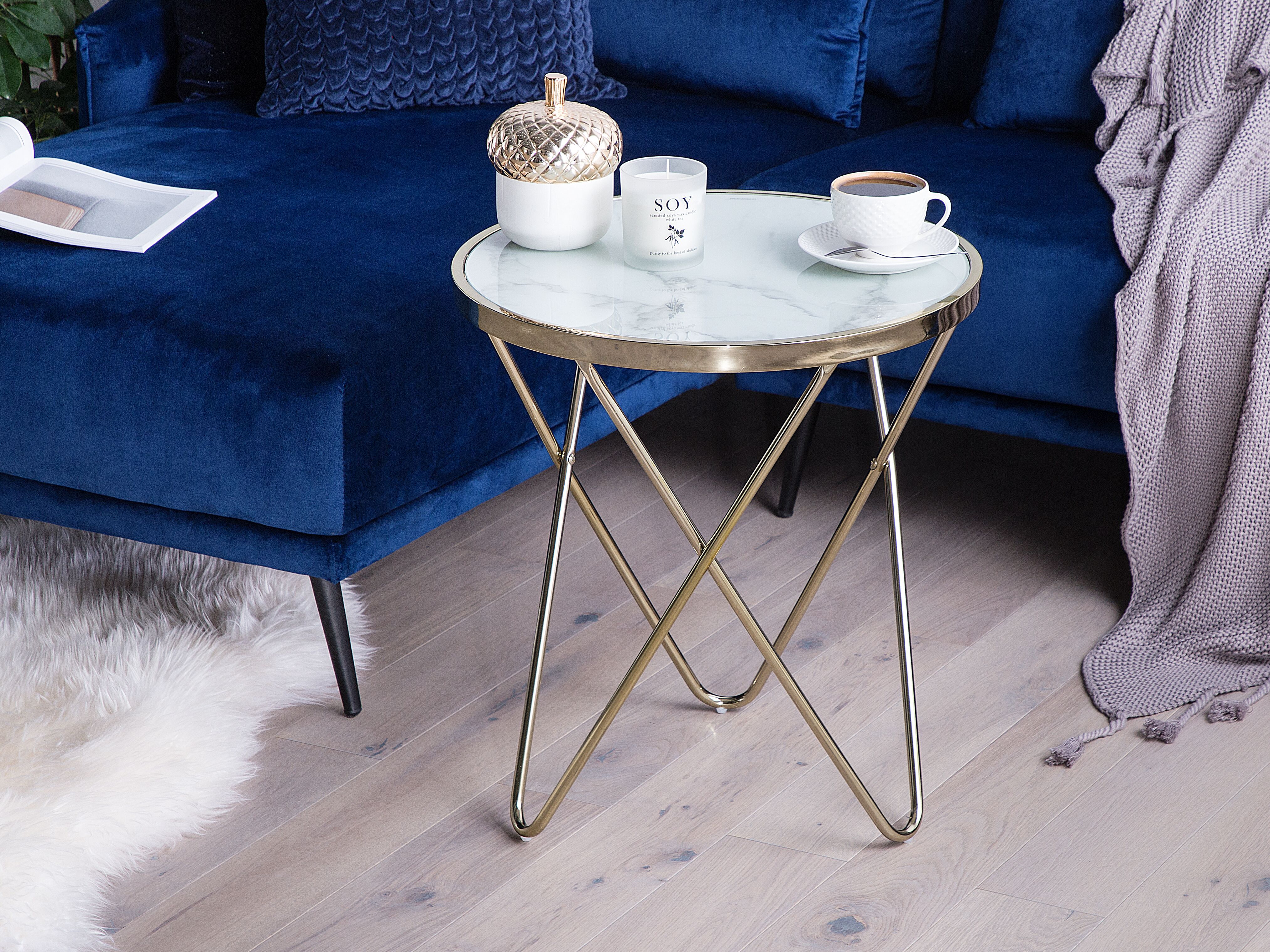 Side Table MERIDIAN Tempered Glass Marble/ Gold