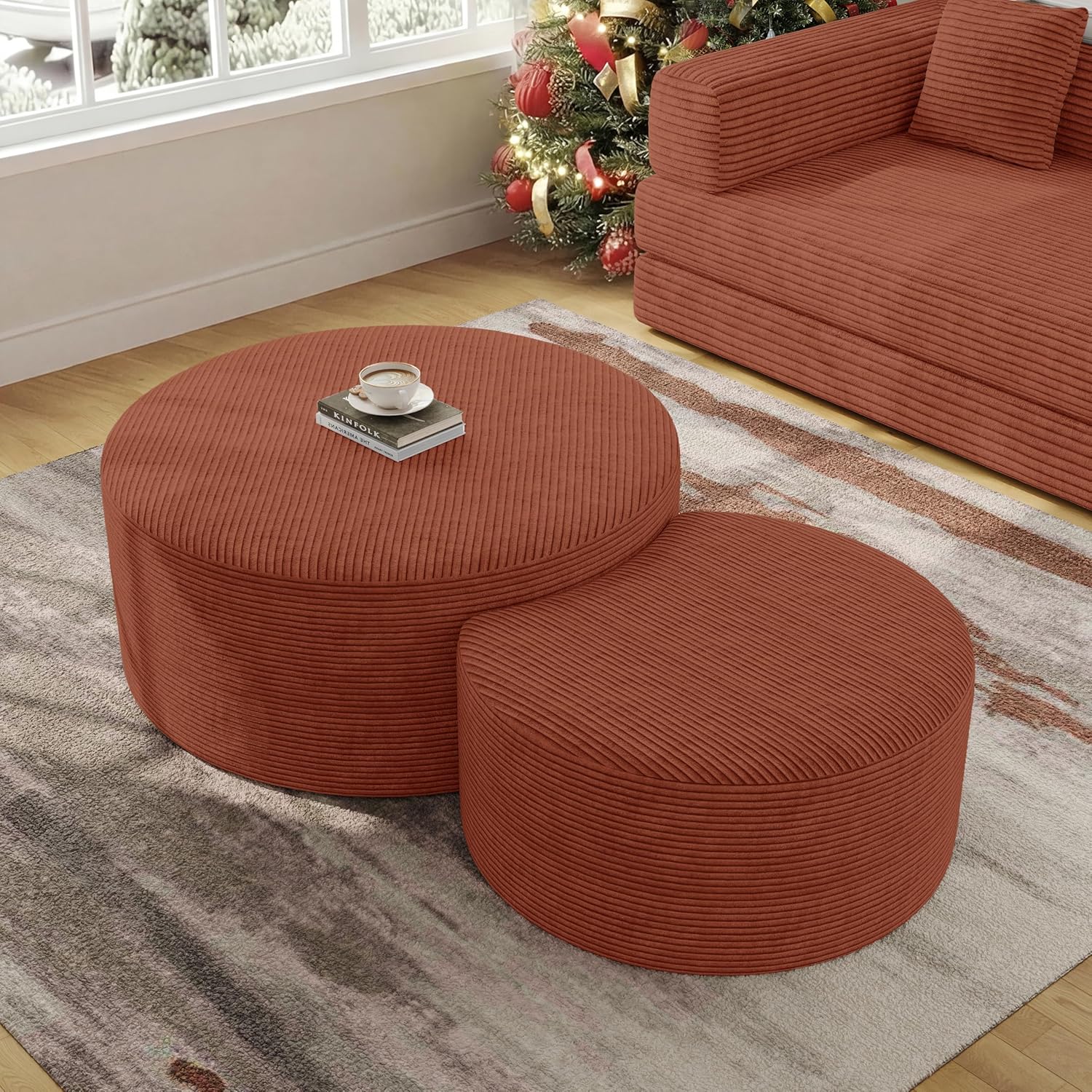 BSHOMGI Nesting Coffee Table Set of 2, Upholstered Round Corduroy Circle Foam Round Side Table for Living Room, Entryway Set, 32
