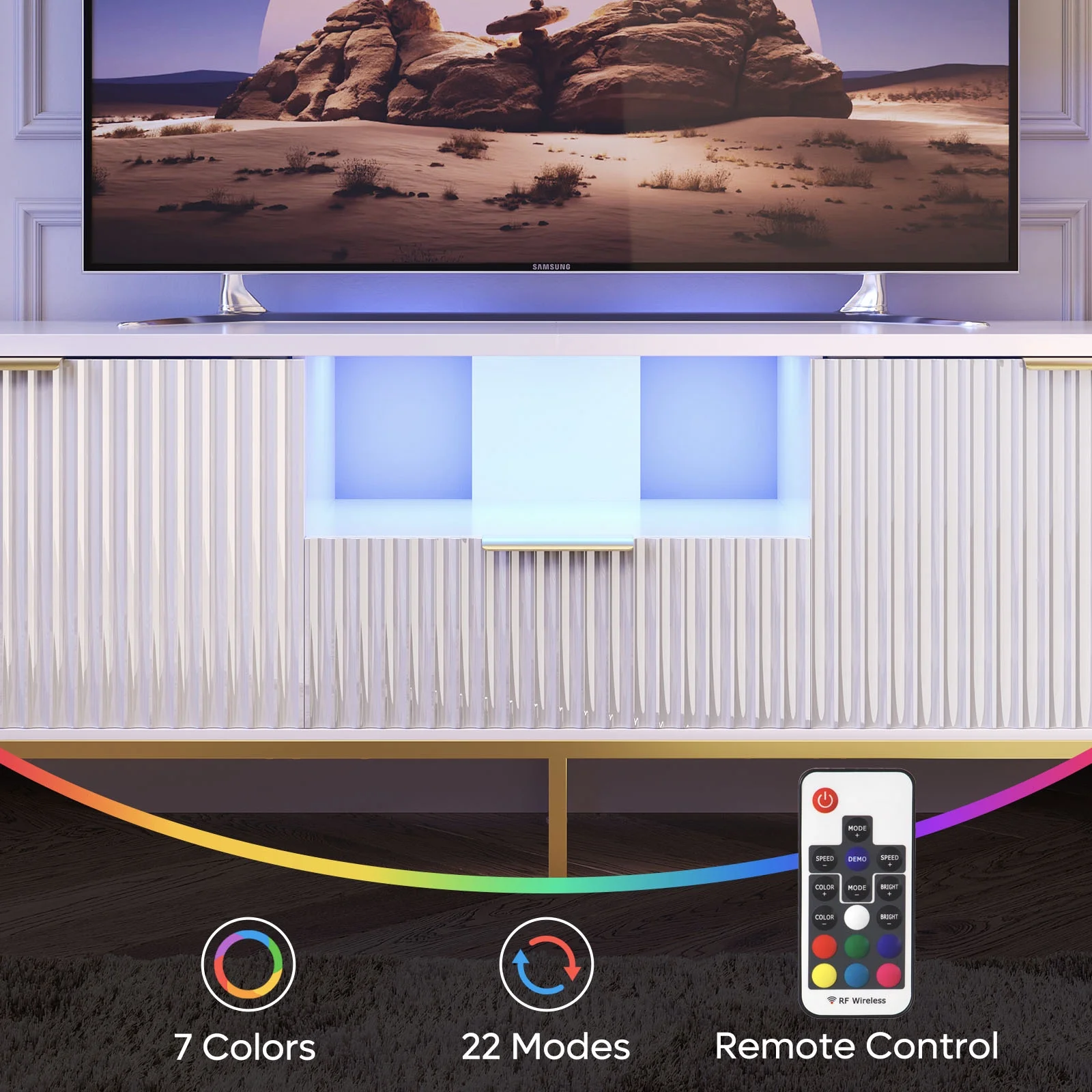 Bestier 55" LED TV Stand for TVs up to 60" Modern High Gloss Entertainment Center with Drawers Cabinets Fluted TV Console, White & Gold - Image 8