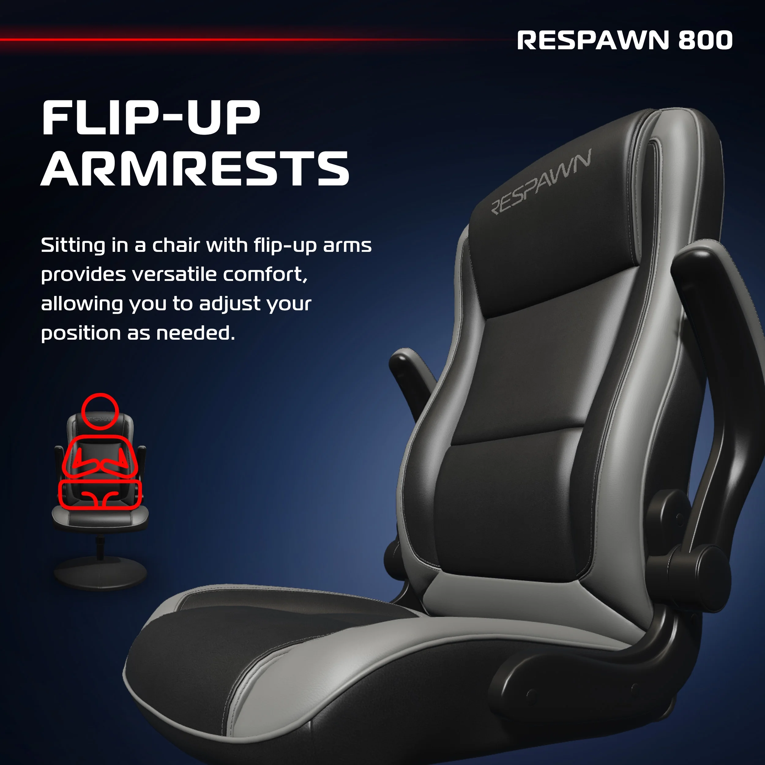 RESPAWN 800 Swivel Rocker Gaming Chair - Ergonomic Floor Gaming Seat with Lumbar Support, Flip Up Armrest, High Back, Pedestal Base, Comfortable No Wheels Console Video Game Rocker Chair - Red - Image 65