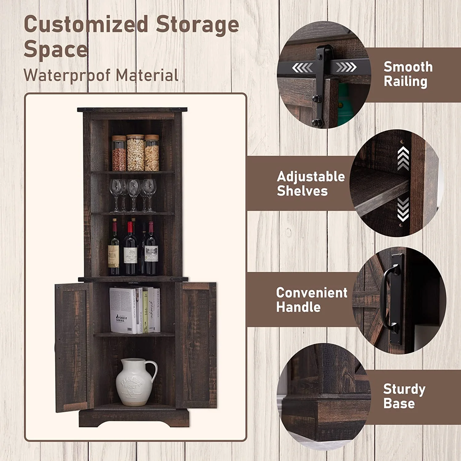 OKD Farmhouse Tall Corner Cabinet with Barn Door & Adjustable Shelves, 68" Rustic Wood Corner Cabinet with Storage Cabinet for Bathroom, Kitchen, Antique White - Image 18