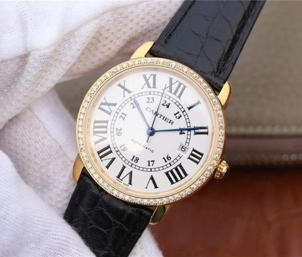 Replica Cartier Ronde De Cartier YG White Dial Diamonds Bezel Croco Strap A2892 - Elite Watch Atelier