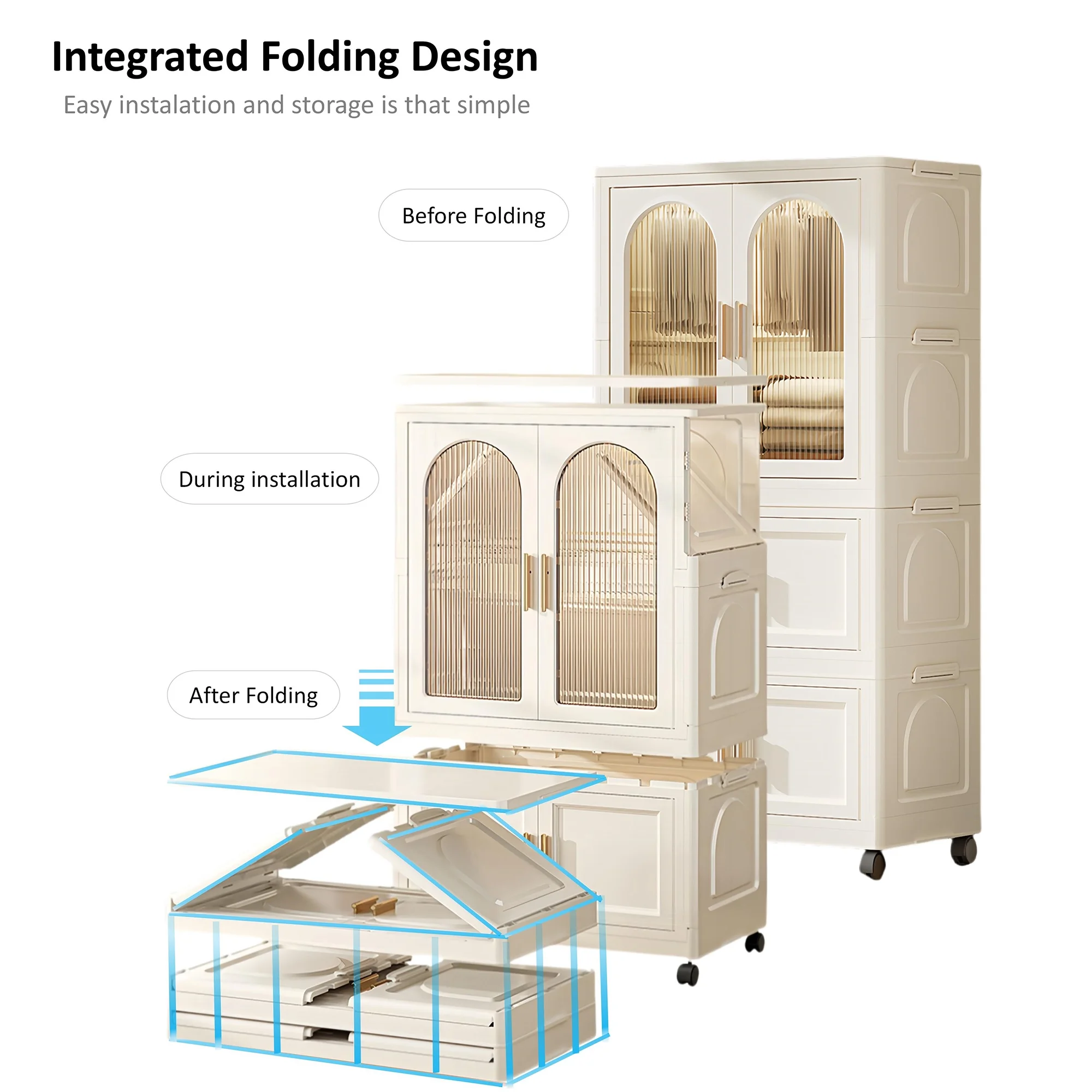 PORKISS Portable Wardrobe Closet, Folding Bedroom Armoire with Wheels, Plastic Storage Basket Can be Freely Combined (1 Layer of Wardrobe + 2 Layers of Folding Boxes+10 Hangers), Cream White-57.09"H - Image 8