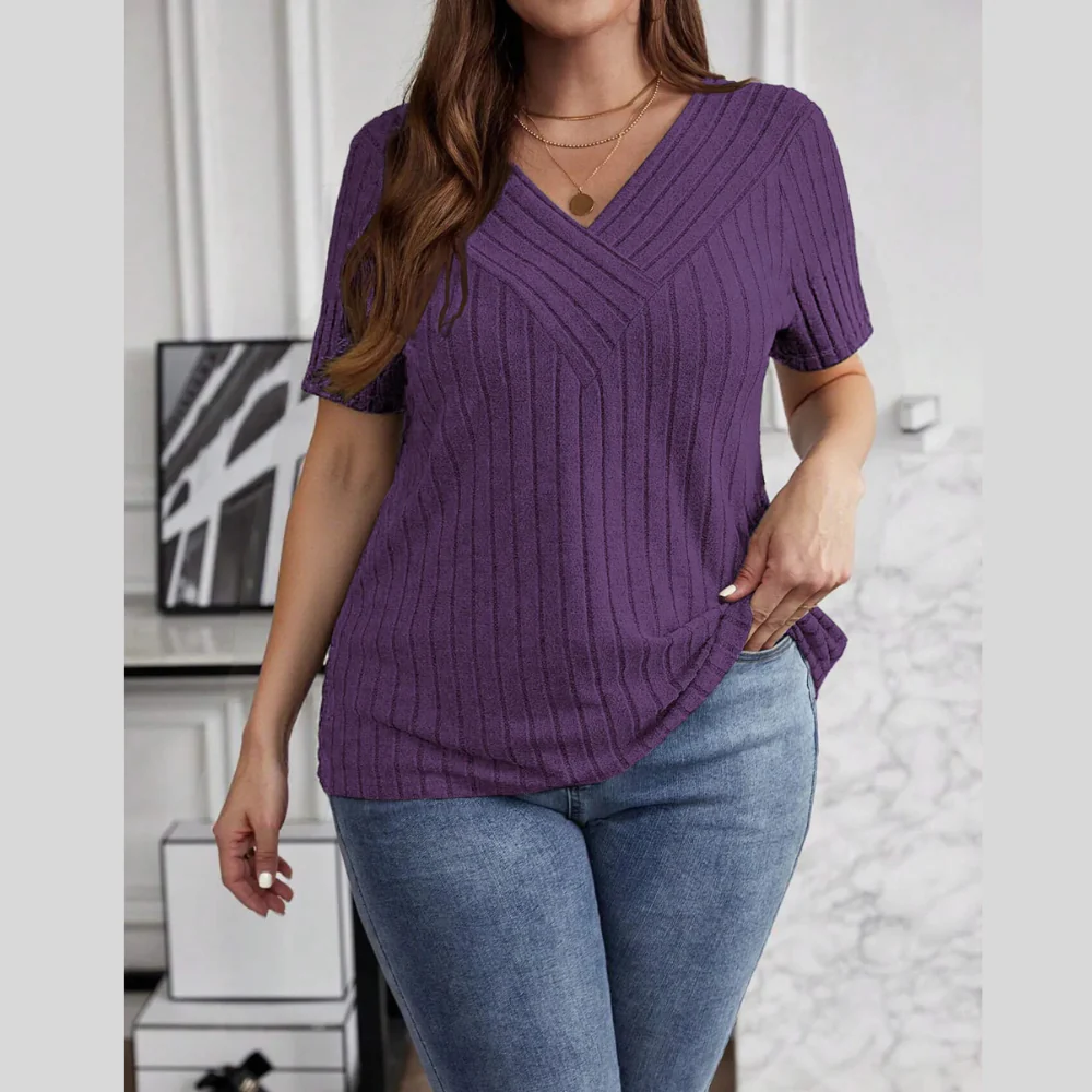 Plus Size V-Neck Short Sleeve Ribbed T-Shirt - ZKZOOK