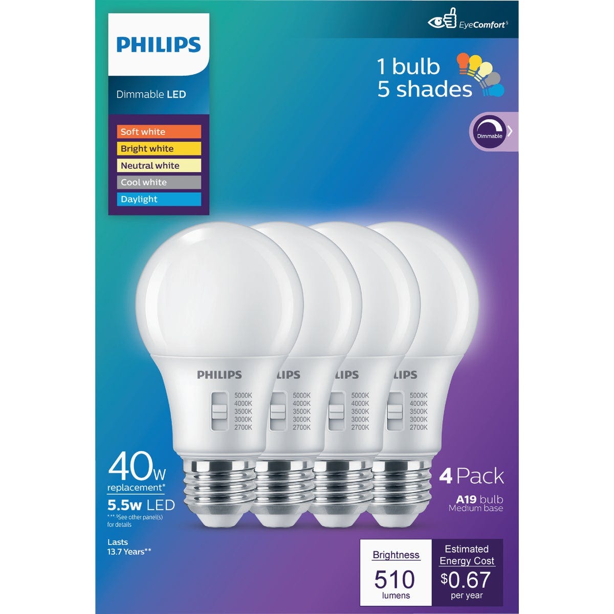 Philips 40W Equivalent 5 CCT A19 Medium Dimmable LED Light Bulb (4-Pack)