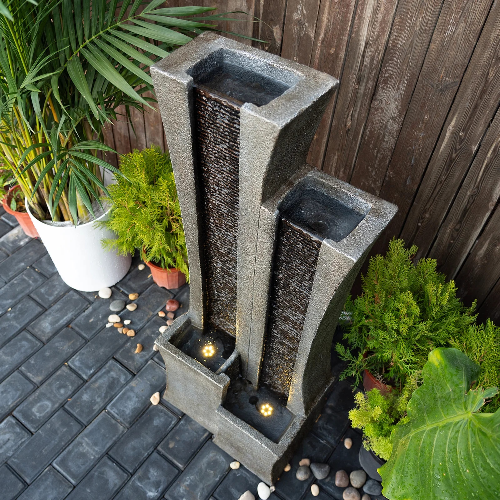 39.76''H Water Fountain Outdoor Indoor 2 Columns Waterfall Garden Fountains Modern Floor-Standing Water Feature with LED Light and Pump for Home Office Garden Patio