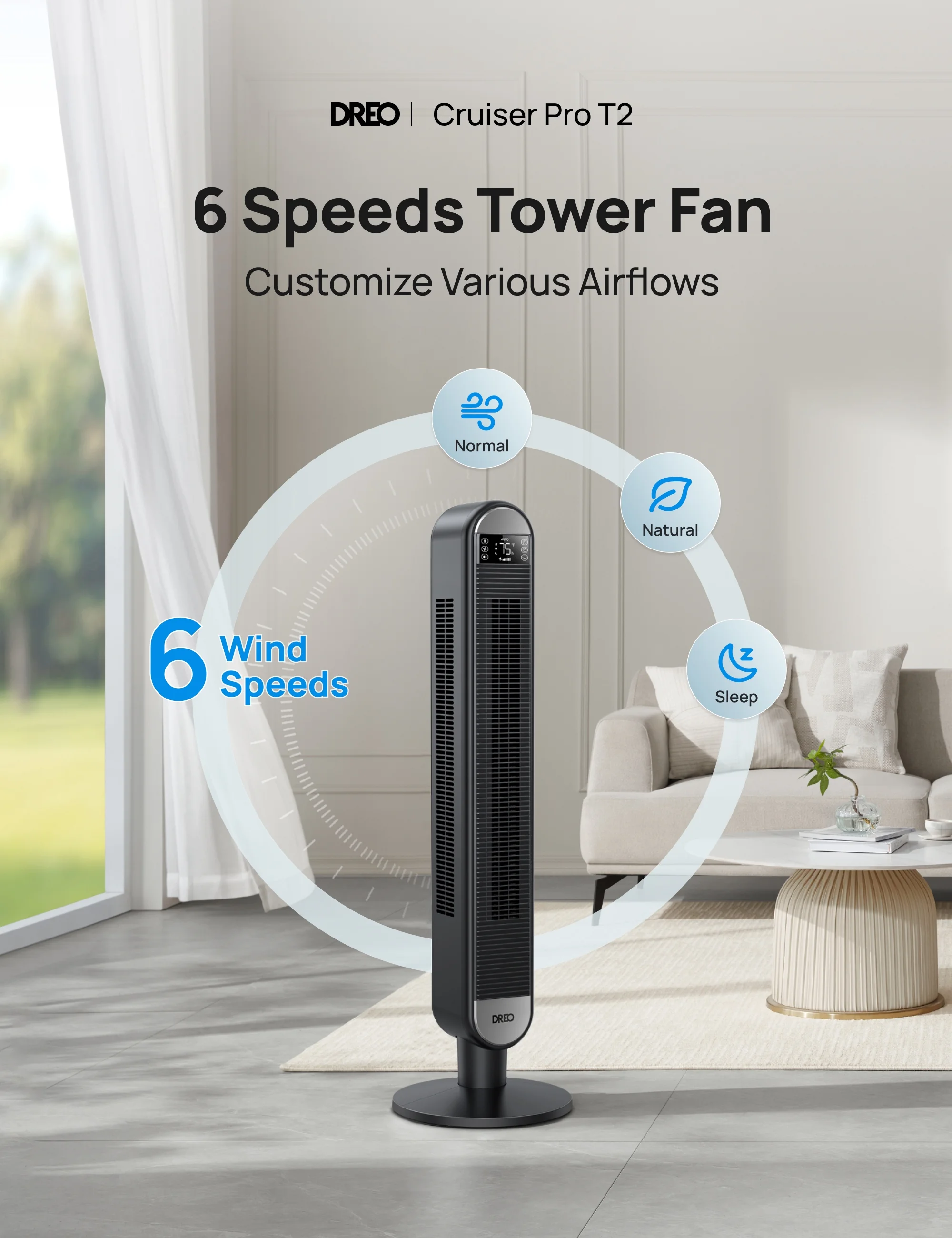 Dreo Tower Fan for Home, 42" Standing Fan with Remote, 90�� Oscillating Fan for Indoors, 34dB Quiet Bedroom Fans, 6 Speeds, 4 Modes, 12H Timer, Bladeless Fan with LED Display, 26 ft/s High Velocity - Image 6