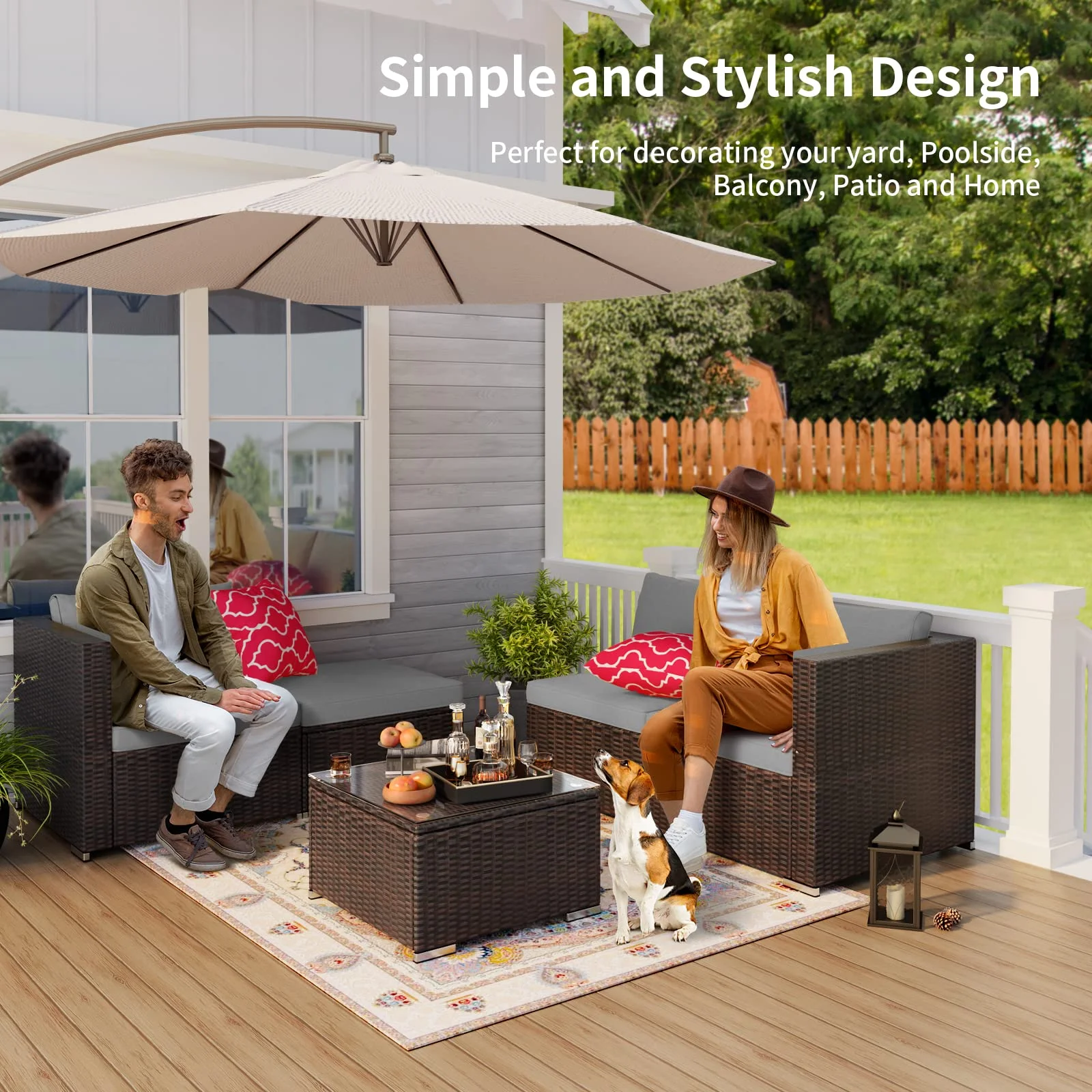 Patio Furniture Set Clearance, Lofka 5 Pieces Patio Conversation Set with Sofas and Tempered Glass Coffee Table for Outdoor Garden Gray - Image 11