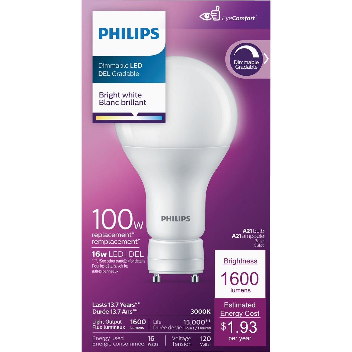 Philips 100W Equivalent A21 GU24 Dimmable LED Light Bulb