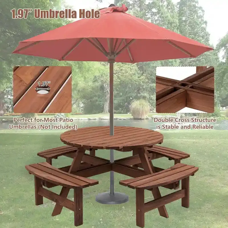 8-Person Fir Wood Round Picnic Table Set With 4 Built-In Benches And Umbrella Hole - Image 7 8-Person Fir Wood Round Picnic Table Set With 4 Built-In Benches And Umbrella Hole - Image 7