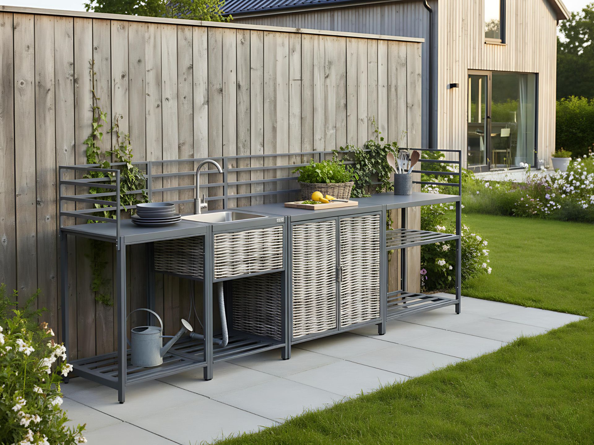 4 Piece Outdoor Kitchen Set with Sink MIRADOR PE Rattan Grey