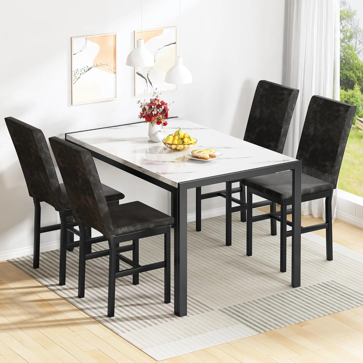 AWQM Products 5-Piece Marble Dining Set, Modern Kitchen Table and Chairs for Dining Room, Dinette, Compact Space Saving Furniture, 4 Upholstered Velvet Chairs - White