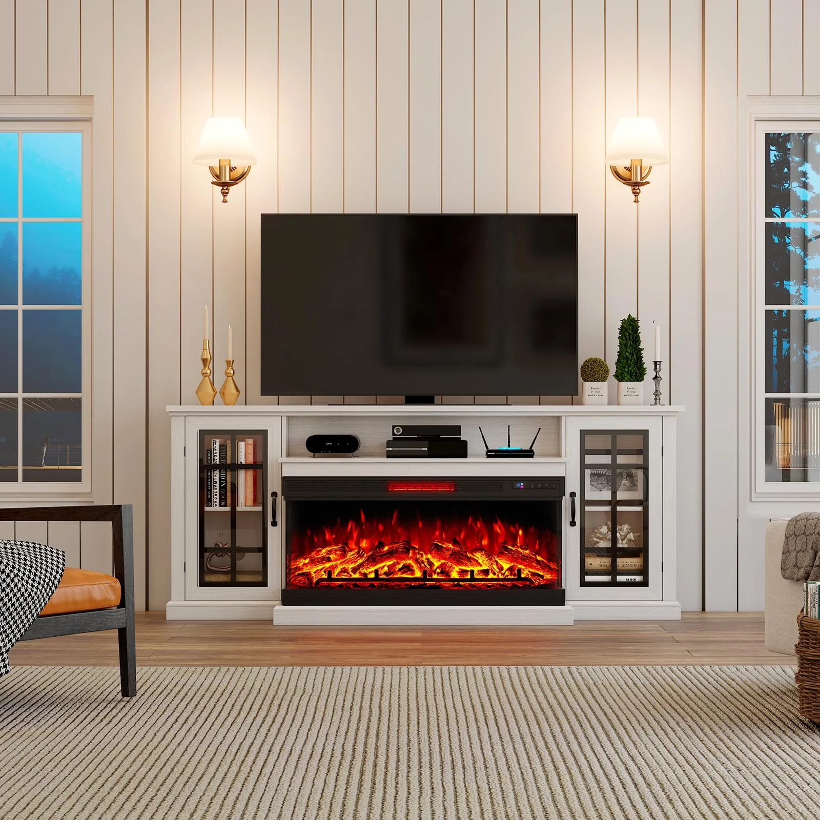 Merluxy 75in 3-Sided Glass Fireplace TV Stand for TVs up to 85
