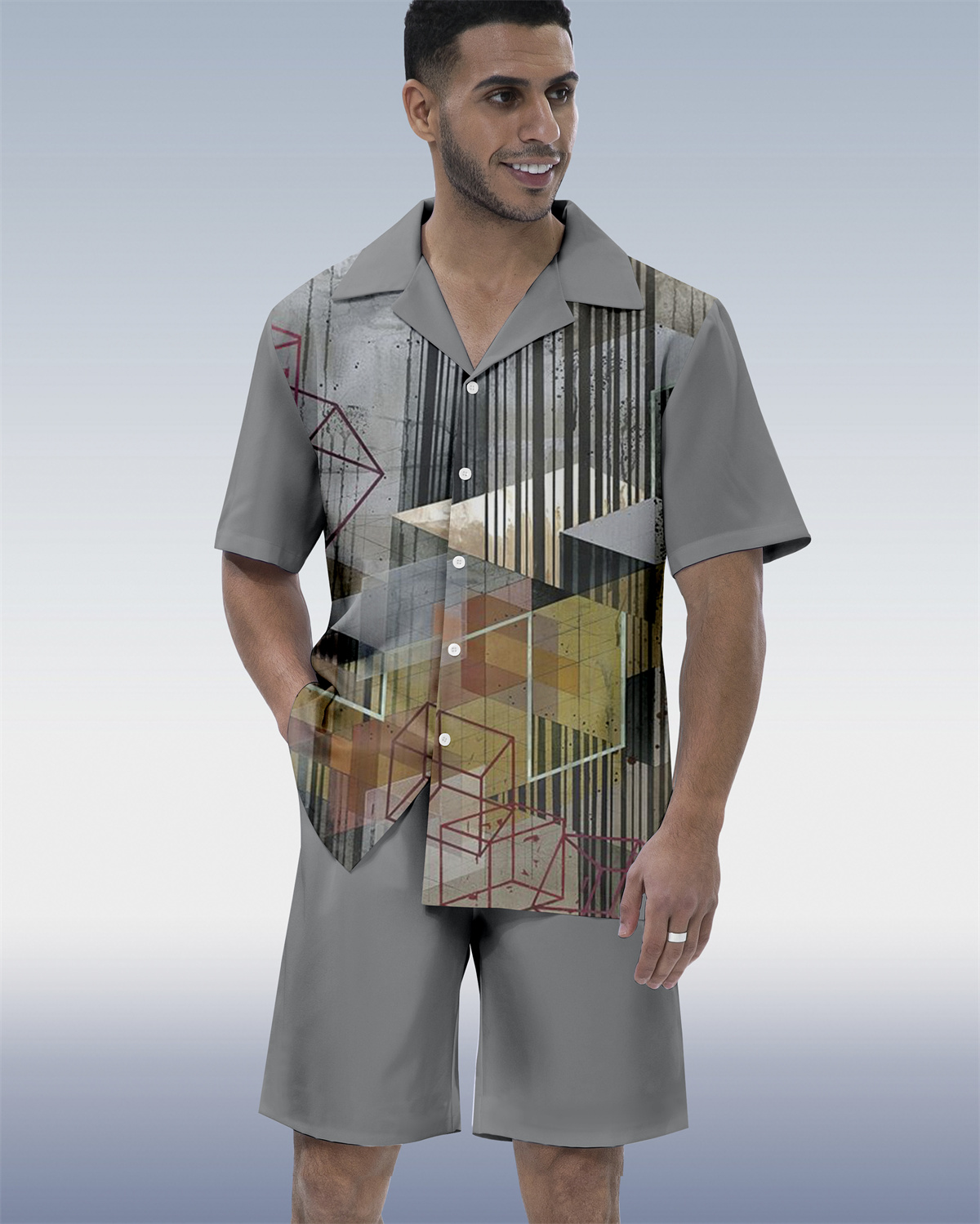 Men's Ombre Contrast Ethnic Print Hawaiian Vacation Short Sleeve Suit 076