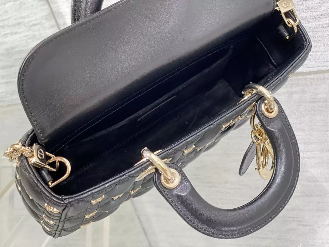 Medium Lady D-Joy Bag Black Cannage Lambskin with Gold-Finish Butterfly Studs1:1High-quality replica