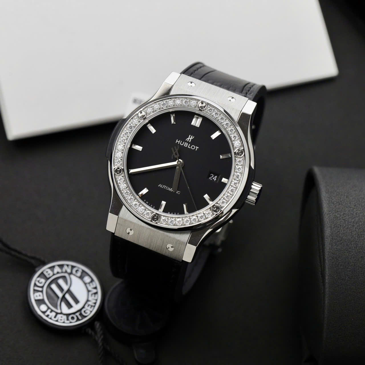 Hublot Classic Fusion Titanium Replica Watch Black Dial Custom Moissanite Diamonds 42mm - Top club