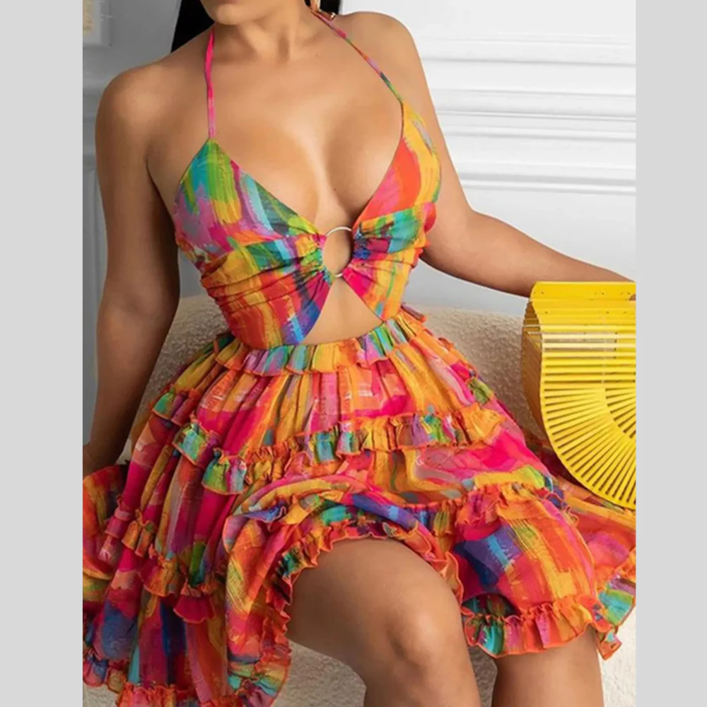Colorful Print Halter Neck Ruffle Mini Dress - ZKZOOK