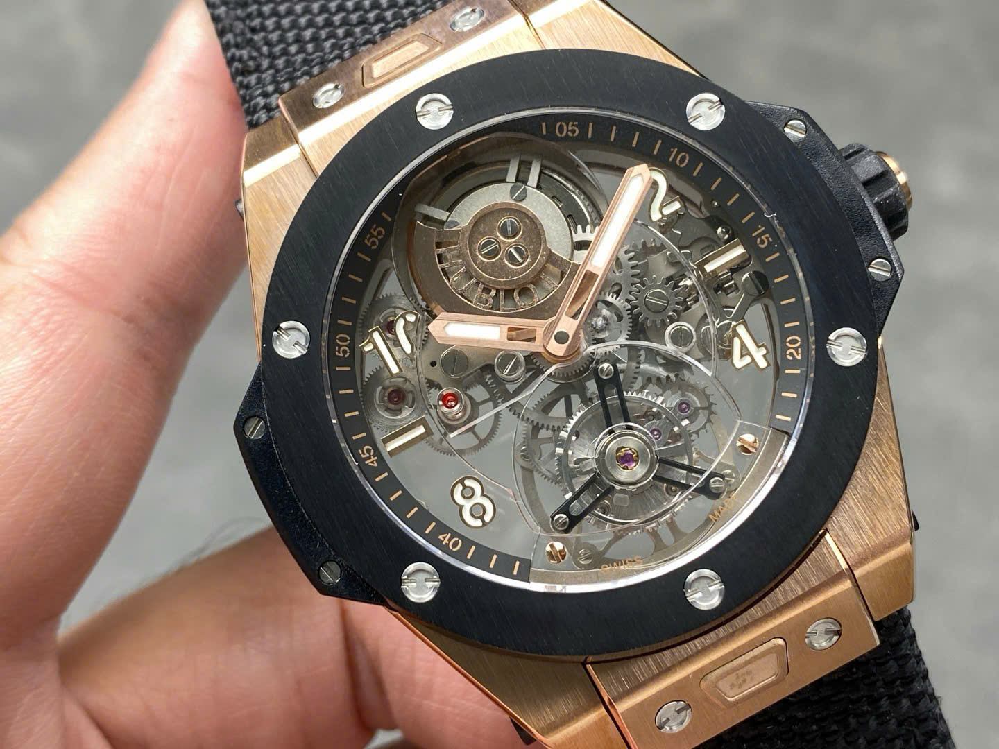 Hublot Big Bang Tourbillon Skeleton Dial Best Replica Watches Fabric Strap 45mm - Top club