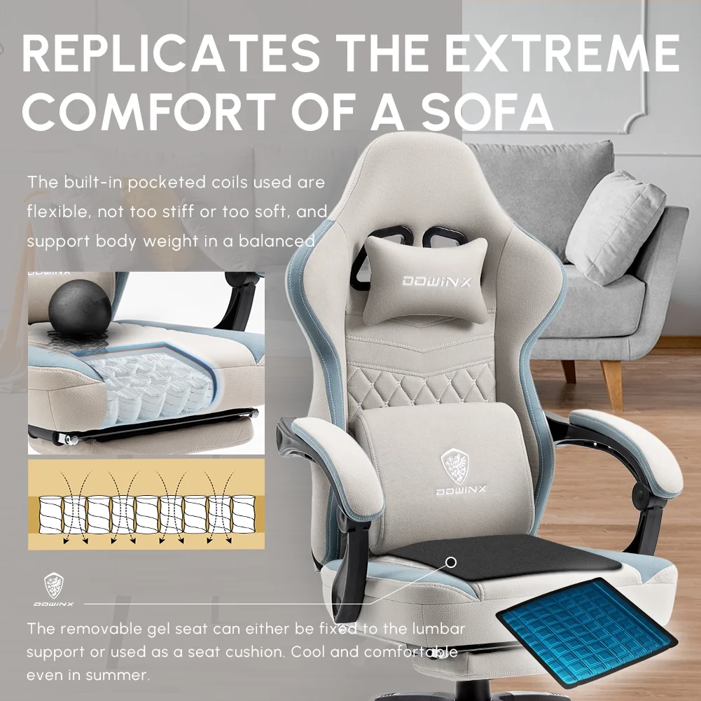 Dowinx Gaming Chair with Pocket Spring Cushion, Breathable Fabric Computer Chair with Gel Pad, Comfortable Office Chair with Storage Bag, Massage Game Chair with Footrest, Green - Image 14