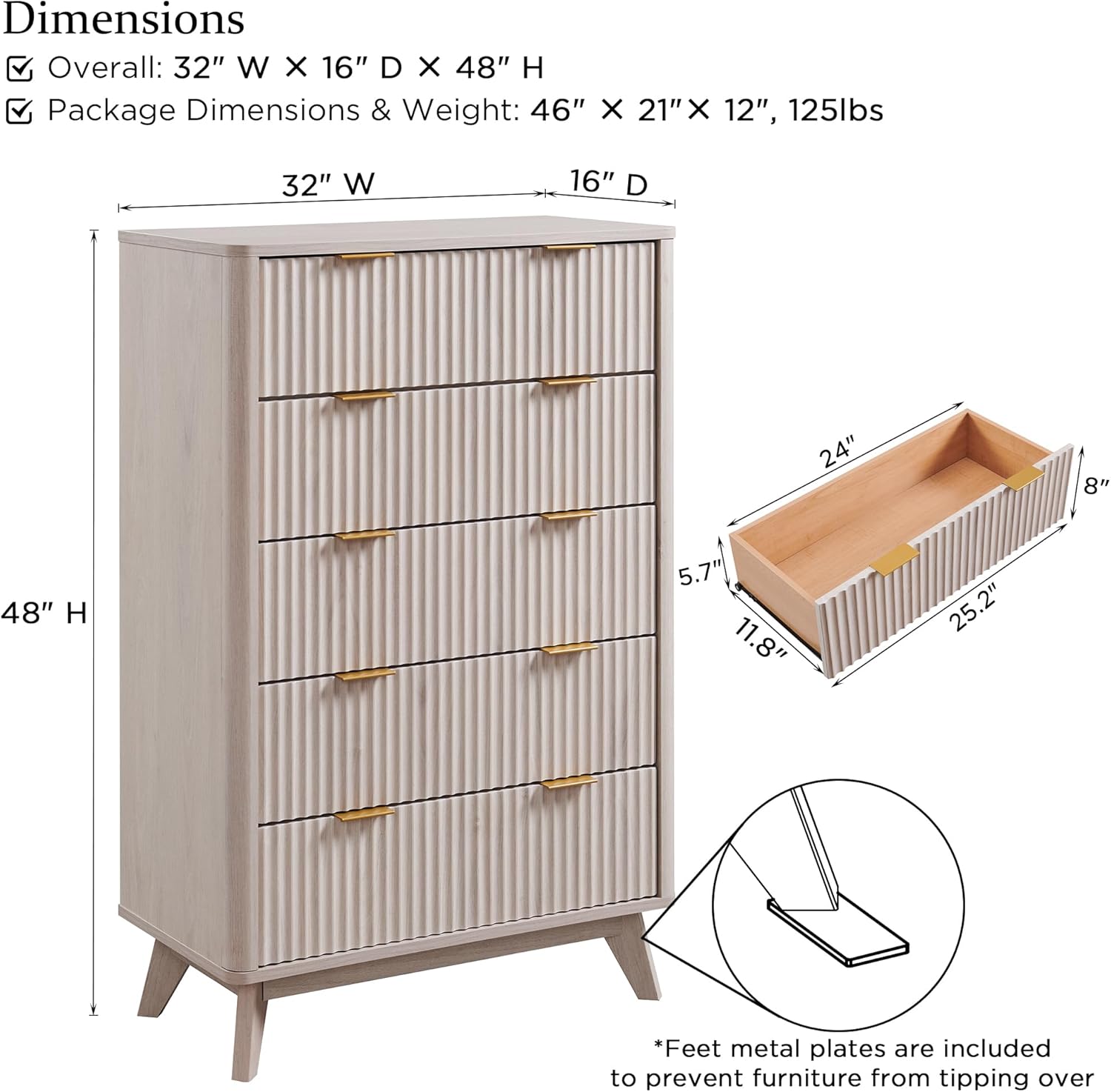 T4TREAM Fluted 5 Drawers Dresser, 48