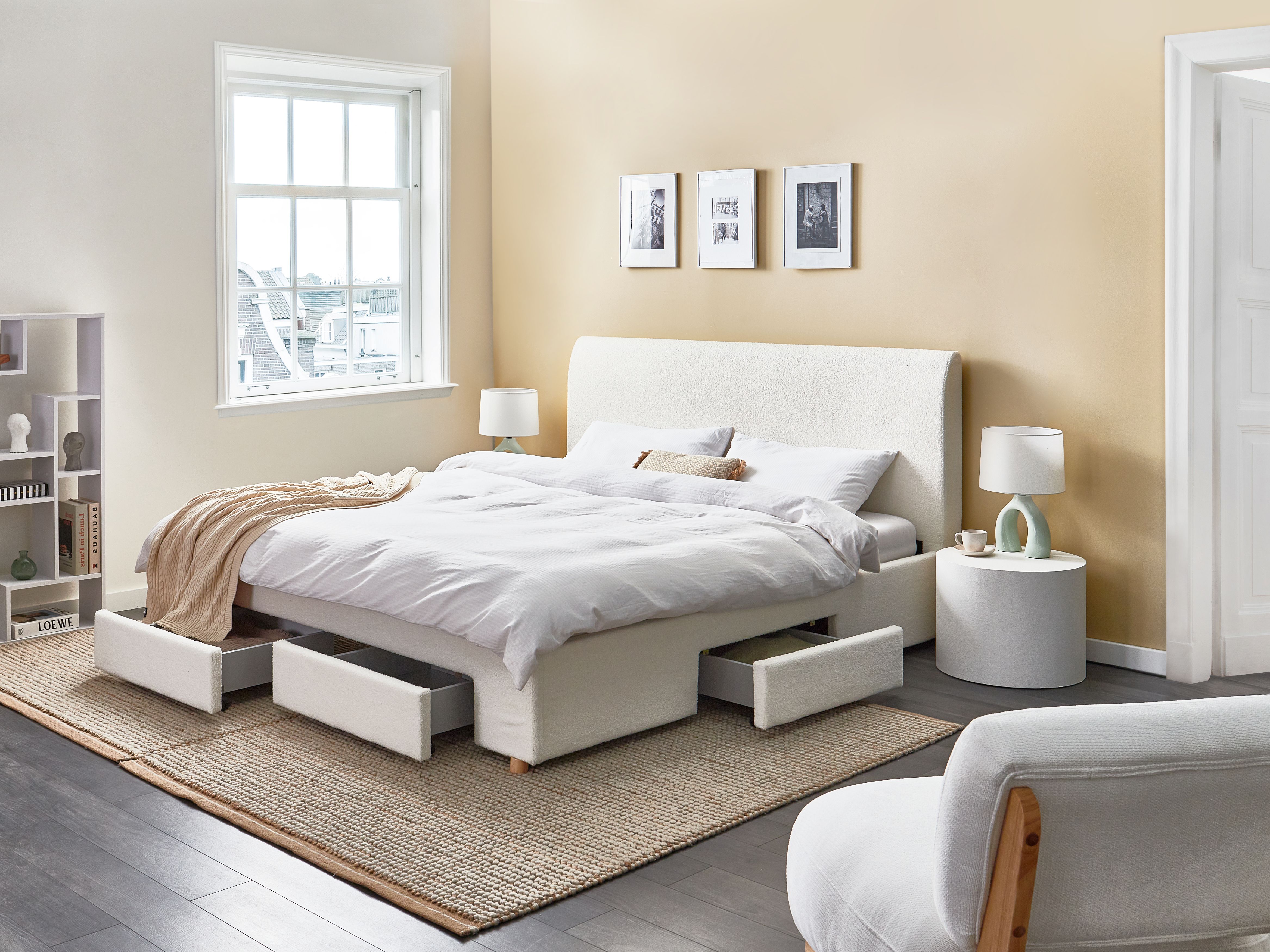 Bed with Storage Drawers Boucle SOUTRIN 180 x 200 cm (EU Super King) Off-White