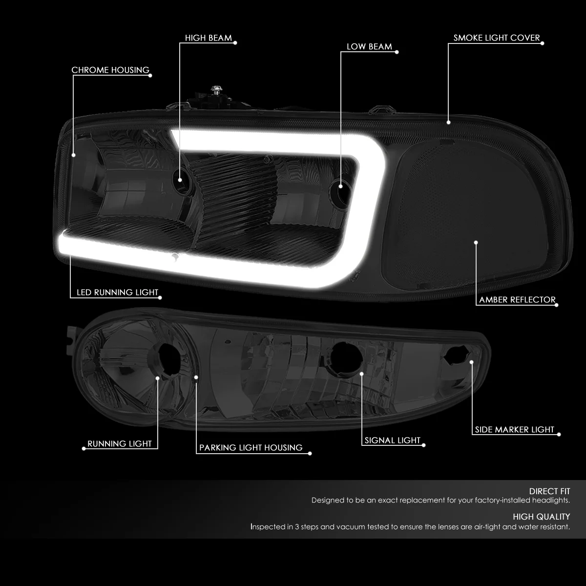 DNA Motoring HL-LB2-DAN99-SM-CL1 For 2000 to 2006 GMC Yukon XL Sierra Denali Model 3D LED DRL Headlight+Turn Signal Bumper Lamps Smoked Lens Clear Corner 01 02 03 04 05