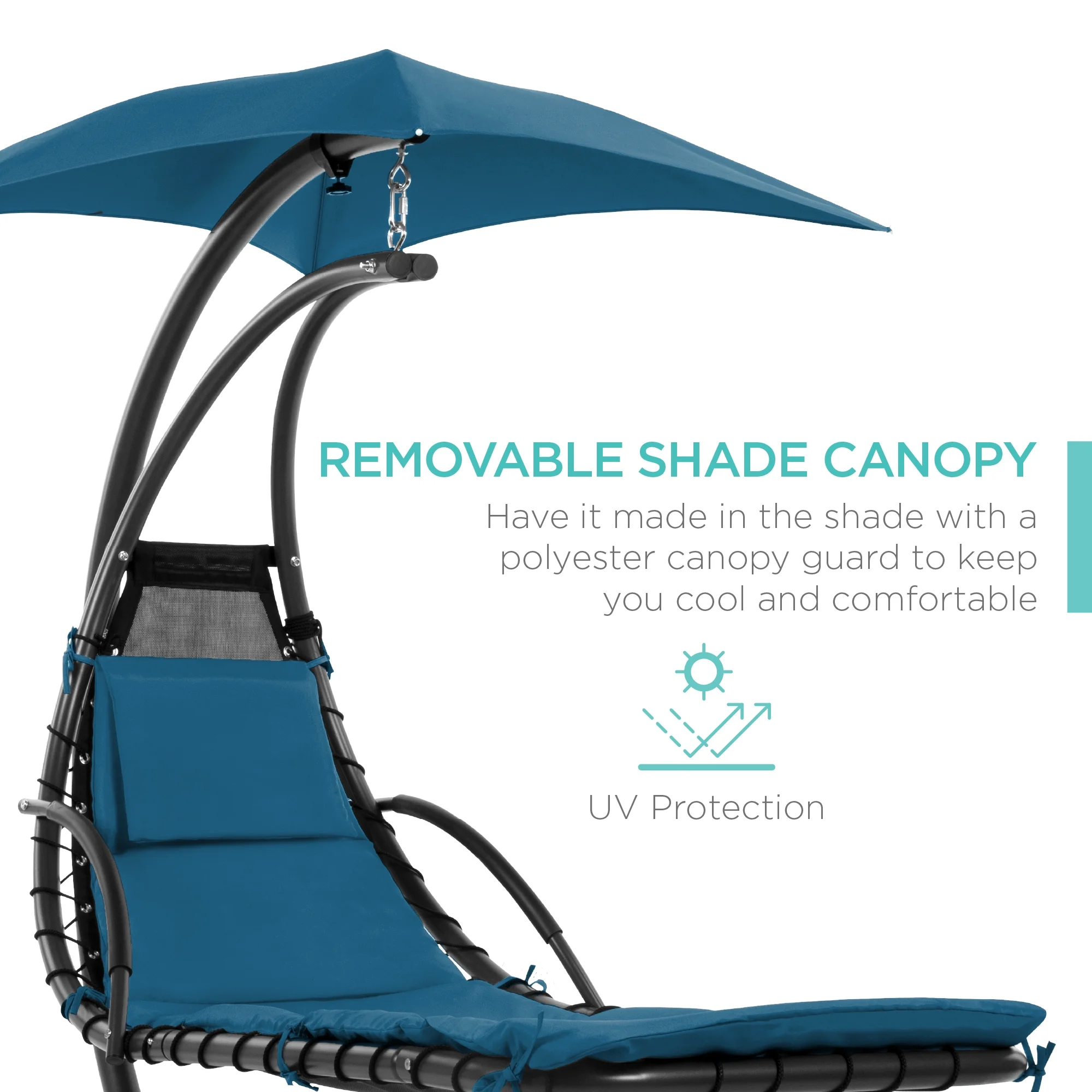 Best Choice Products Hanging Curved Chaise Lounge Chair Swing for Backyard, Patio w/ Pillow, Shade, Stand - Teal - Image 42