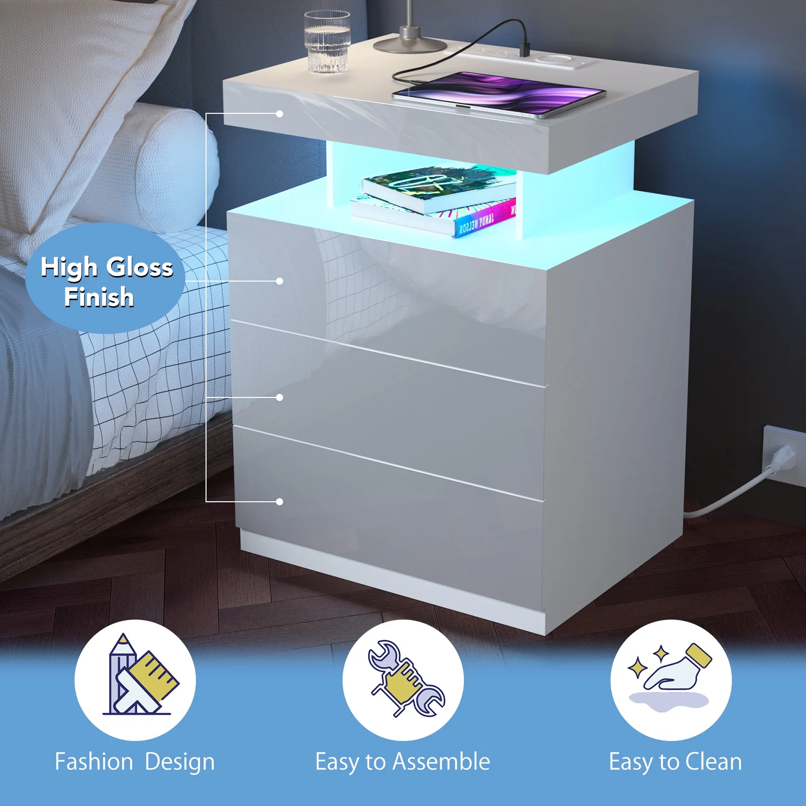Hommpa LED Nightstand Wireless Charging Station USB Type C Outlets Bedside Table 3 Drawers Black Night Table Modern Smart Nightstand High Gloss End Side Table for Bedroom Furniture 26.8" Tall - Image 37