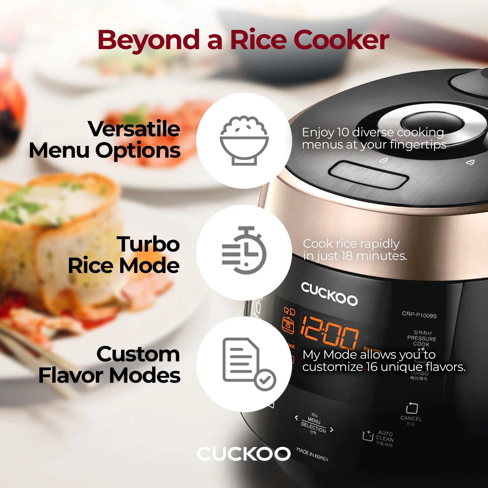 CUCKOO CRP-P0609S 6-Cup (Uncooked) / 12-Cup (Cooked) High Pressure Rice Cooker & Warmer with Nonstick Inner Pot, 12 Menu Options, Fuzzy Logic Tech, 3 Voice Guide, Auto Clean (Black/Copper)