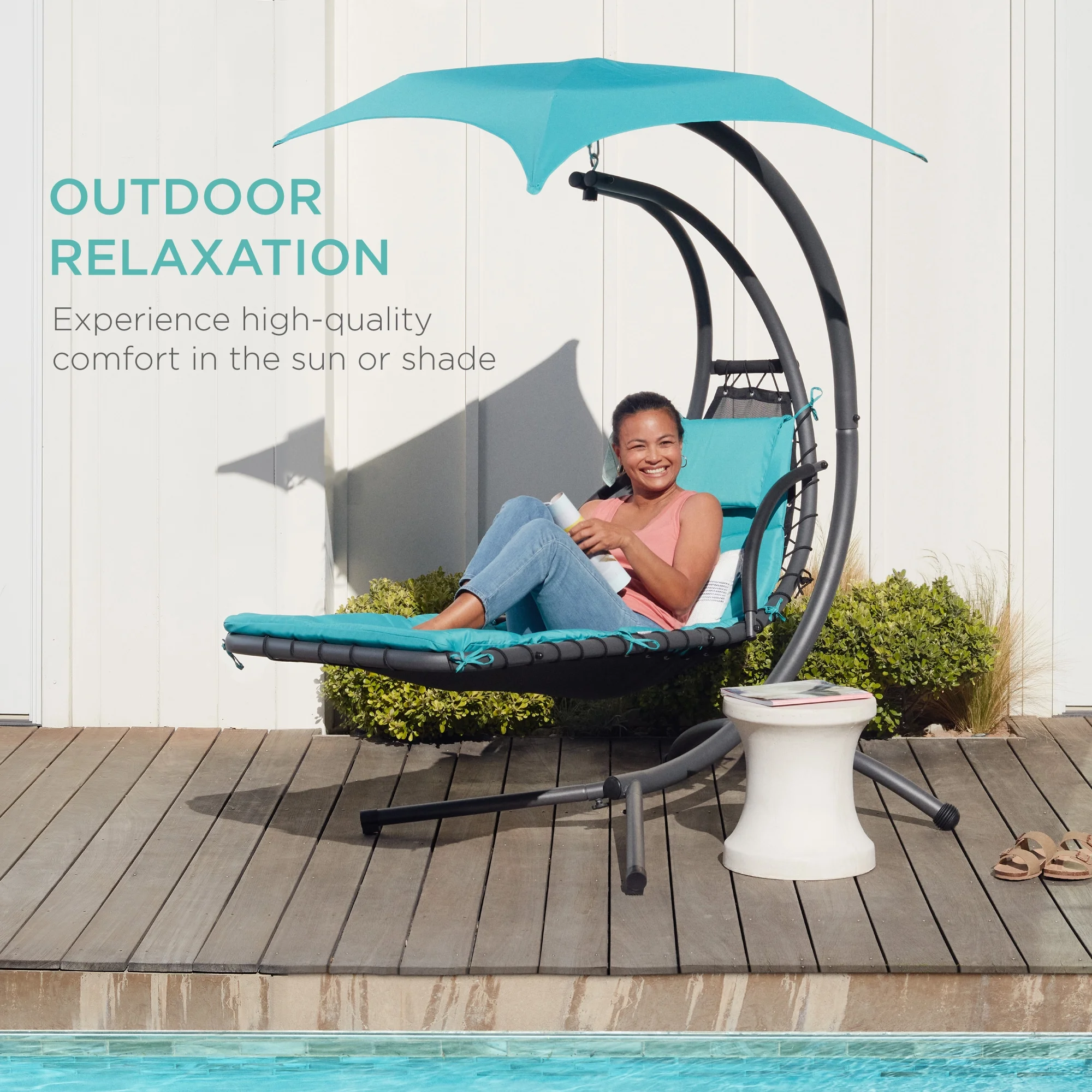Best Choice Products Hanging Curved Chaise Lounge Chair Swing for Backyard, Patio w/ Pillow, Shade, Stand - Teal - Image 14