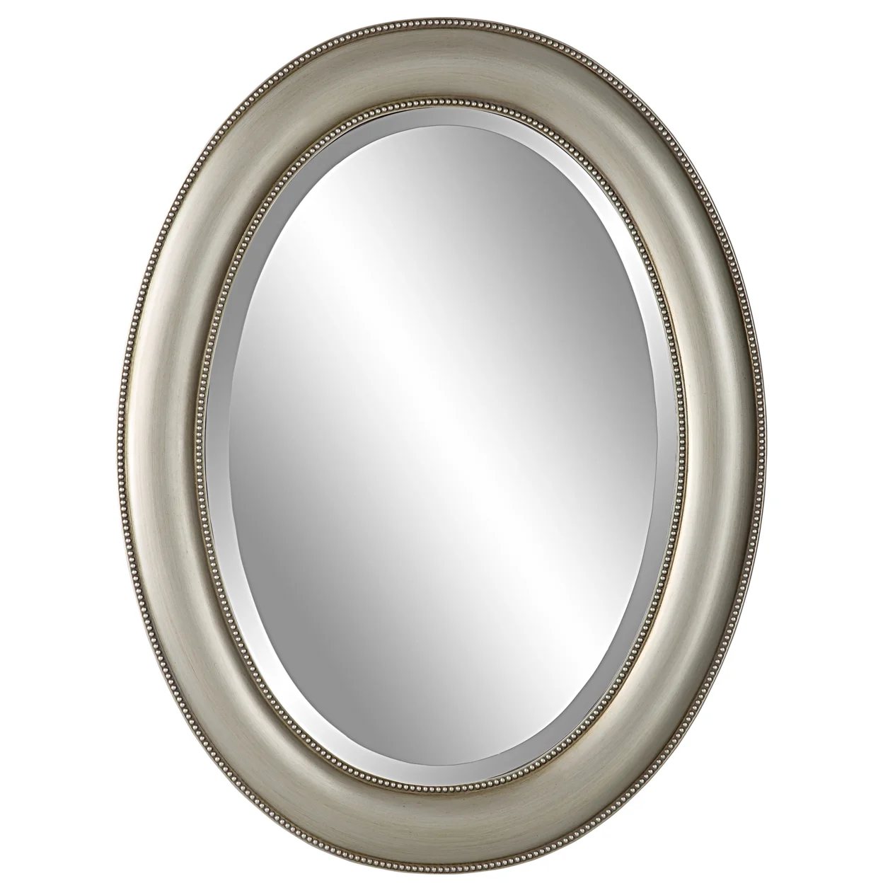 29 Inch Wood Wall Mirror, Beaded Oval Shape, Metallic Silver, Saltoro Sherpi