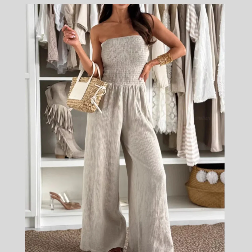 Smocked Tube Wide-Leg Jumpsuit - ZKZOOK