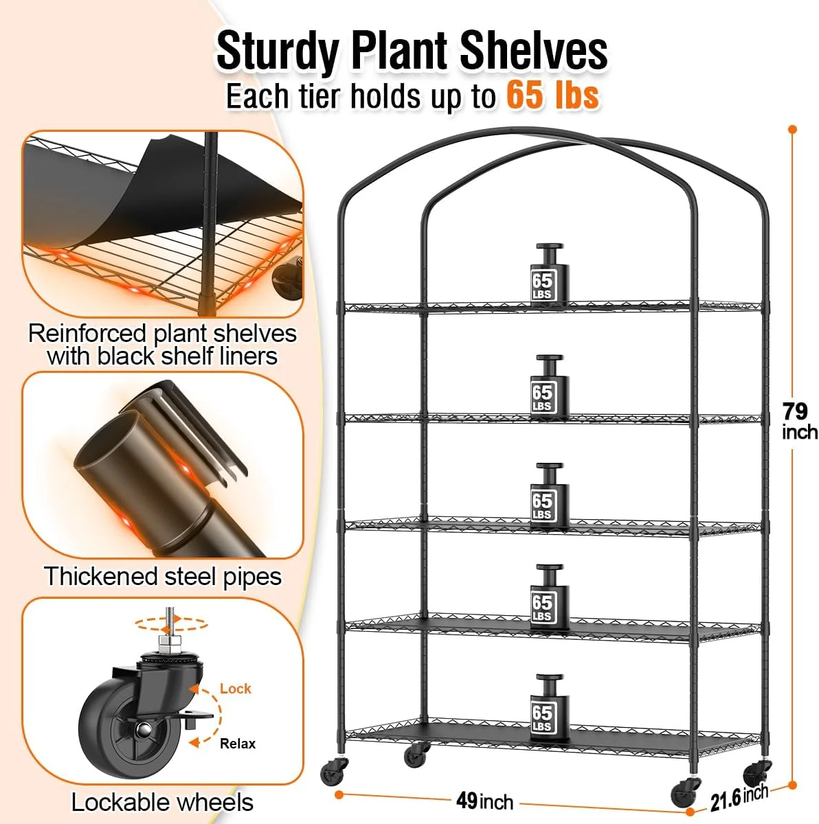 5-Tier Metal Indoor Greenhouse With Grow Lights And PVC Cover - 49 x 21.6 x 79 inch - Image 2 5-Tier Metal Indoor Greenhouse With Grow Lights And PVC Cover - 49 x 21.6 x 79 inch - Image 2