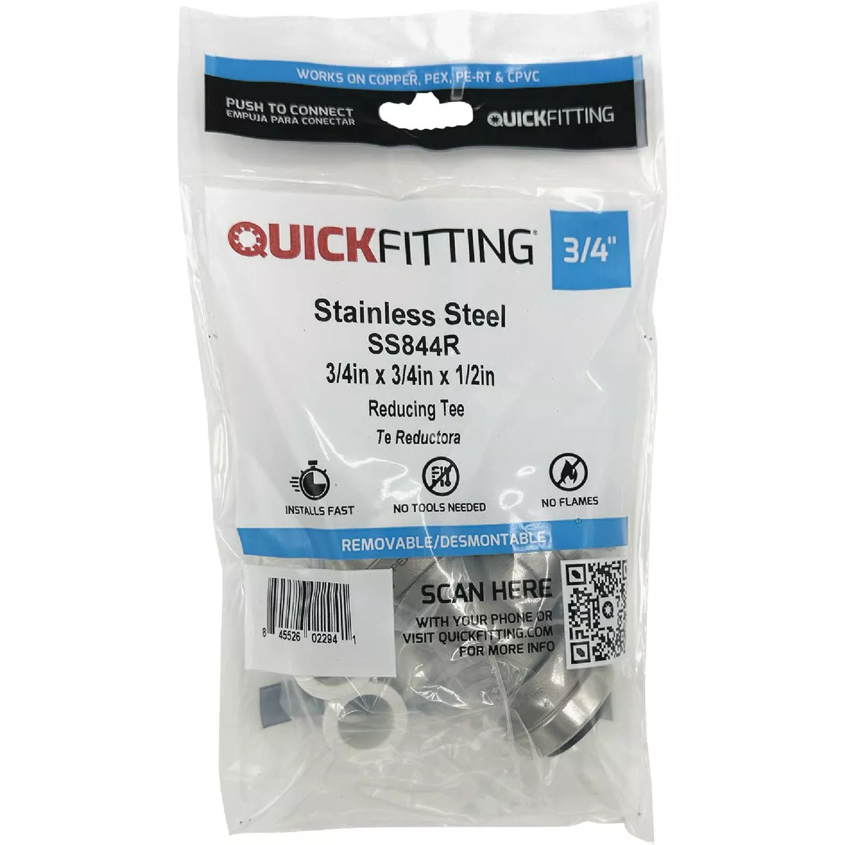 QuickFitting 3/4 In. x 3/4 In. x 1/2 In. Push-to-Connect Stainless Steel Reducing Tee