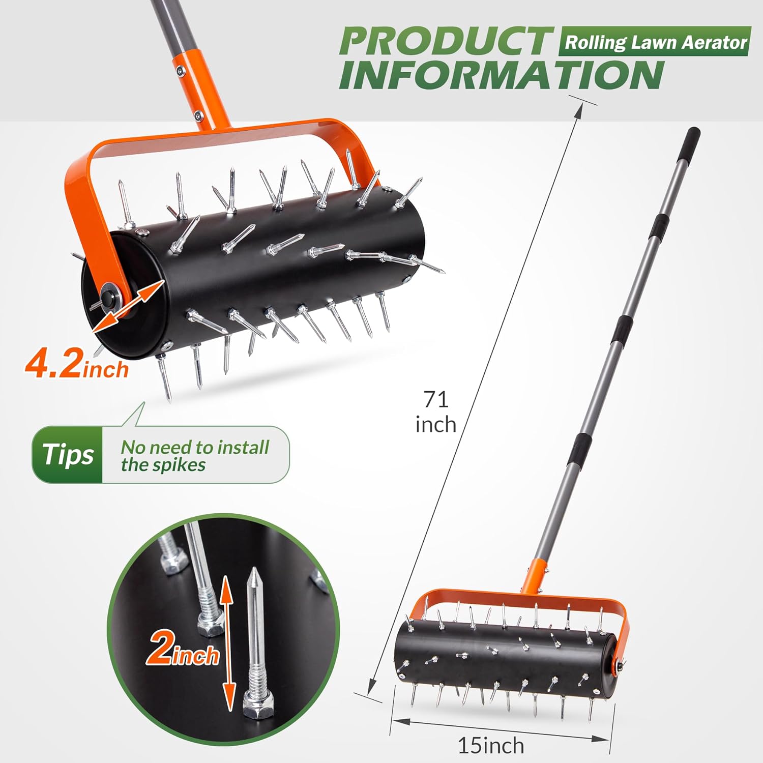 Walensee Rolling Lawn Aerator, Heavy Duty Manual Aerator Tool with 42 Spikes, Lawn Spike Aerator Roller with 71