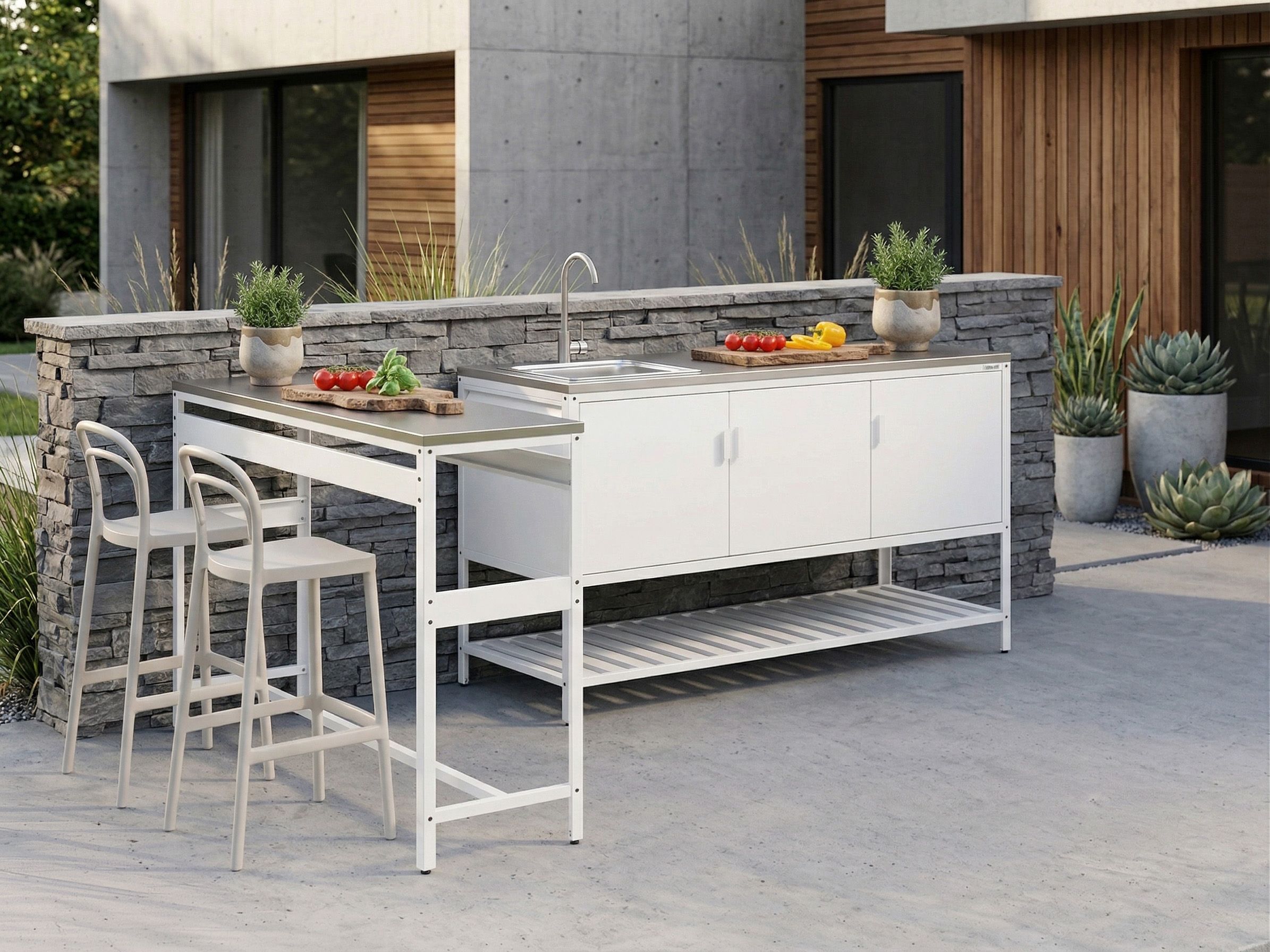 2 Piece Outdoor Kitchen Set with Bar Table MAENZA Metal White