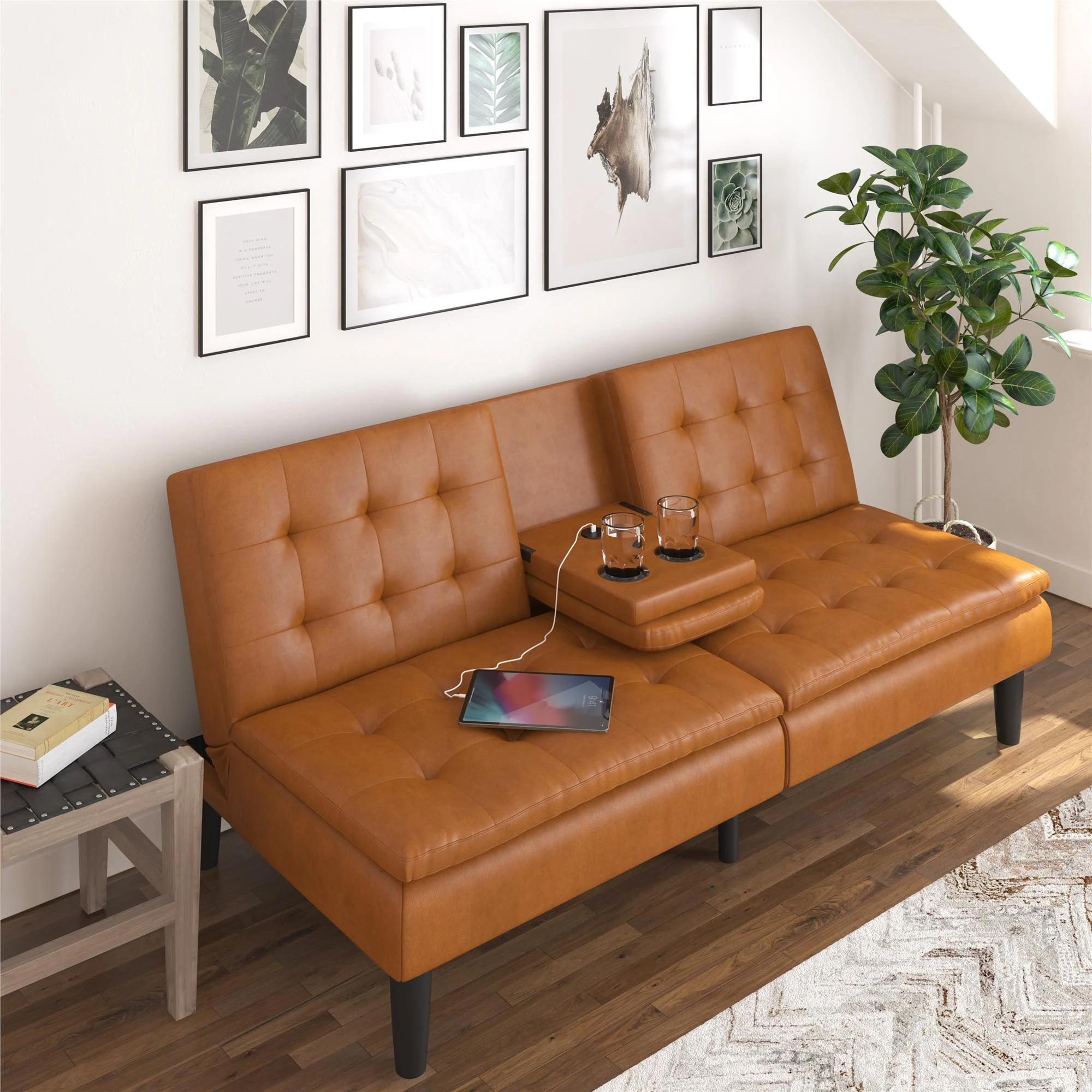 Mainstays Memory Foam 71.5" Futon with Cupholder and USB, Black Faux Leather - Image 33
