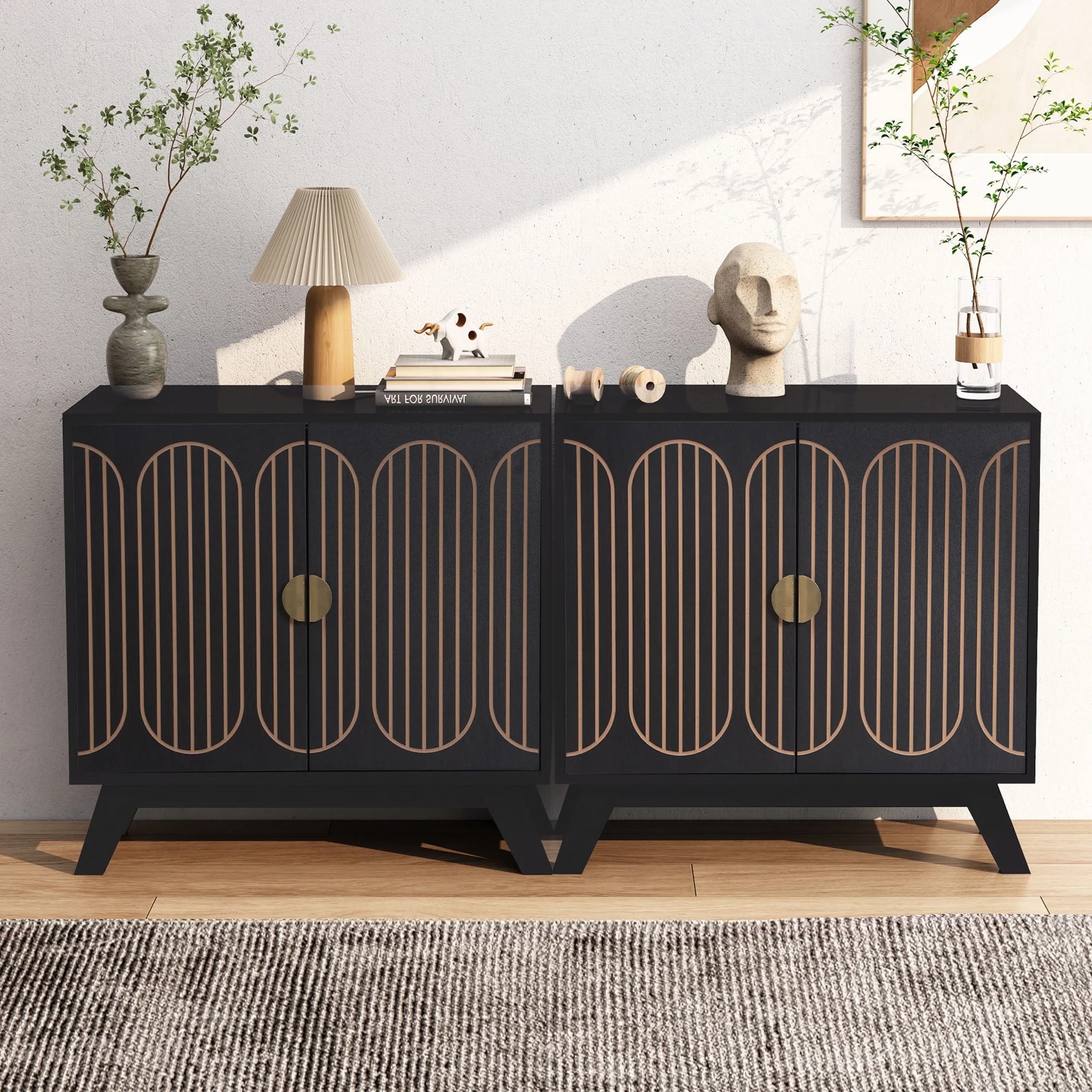 LEFHDA 2PCS Buffet Cabinet, Sideboard Cabinet with Storage, Accent Storage Cabinet with Carved Arc Door Design for Kitchen Dining Room, 2 Doors Buffet Cabinet with Adjustable Shelves - Image 76