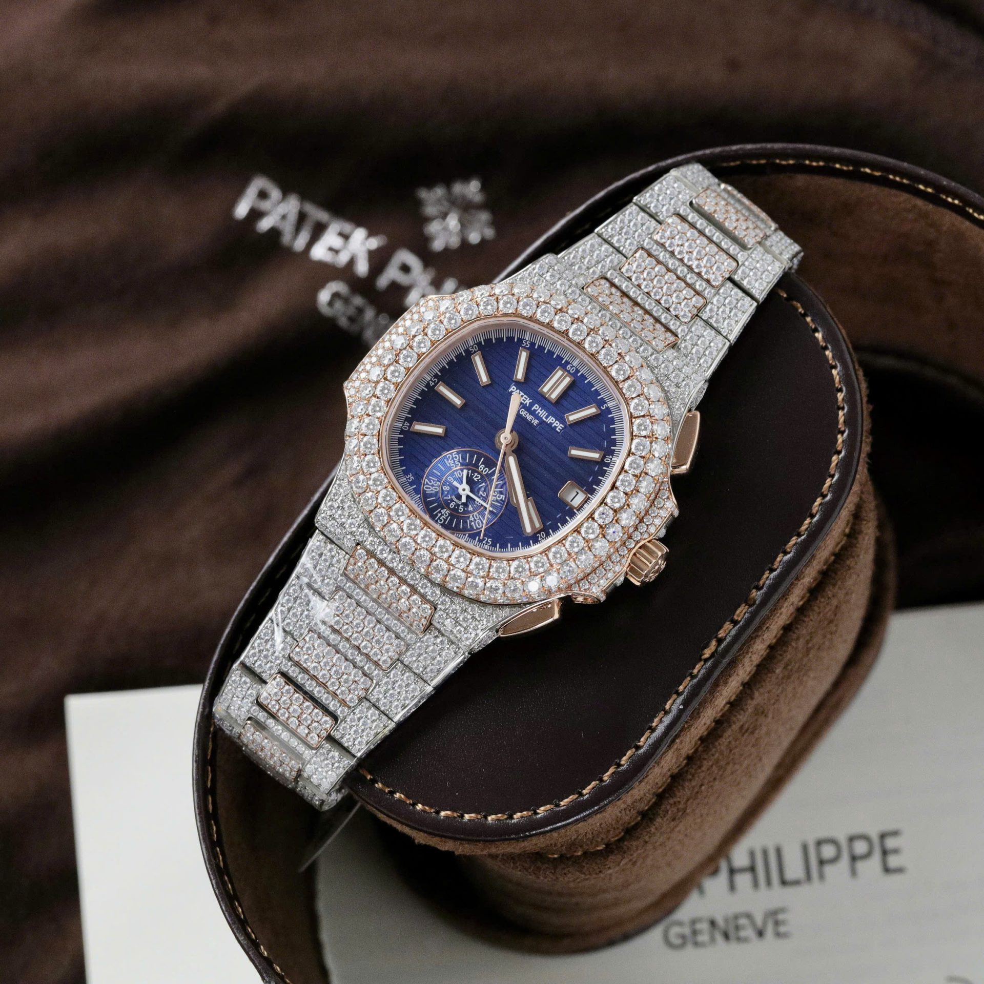 Patek Philippe Nautilus 5980 Replica Watch 18K Gold Wrapped + Diamonds Moissanite Custom 40.5mm - Elite Watch Atelier