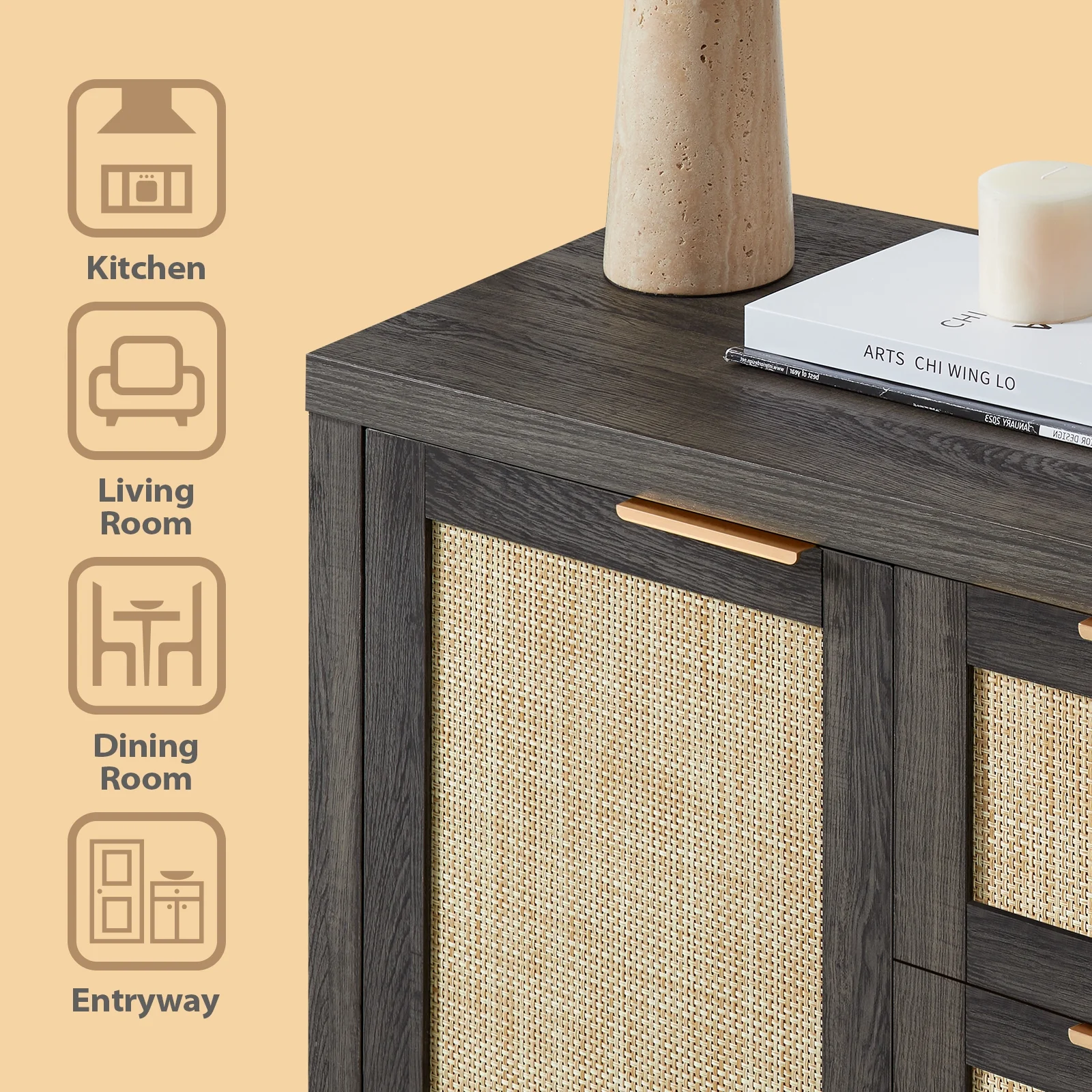 ARKANTOS Sideboards and Buffets, Boho Storage Cabinets with Rattan Doors and Drawers, Natural Oak - Image 11
