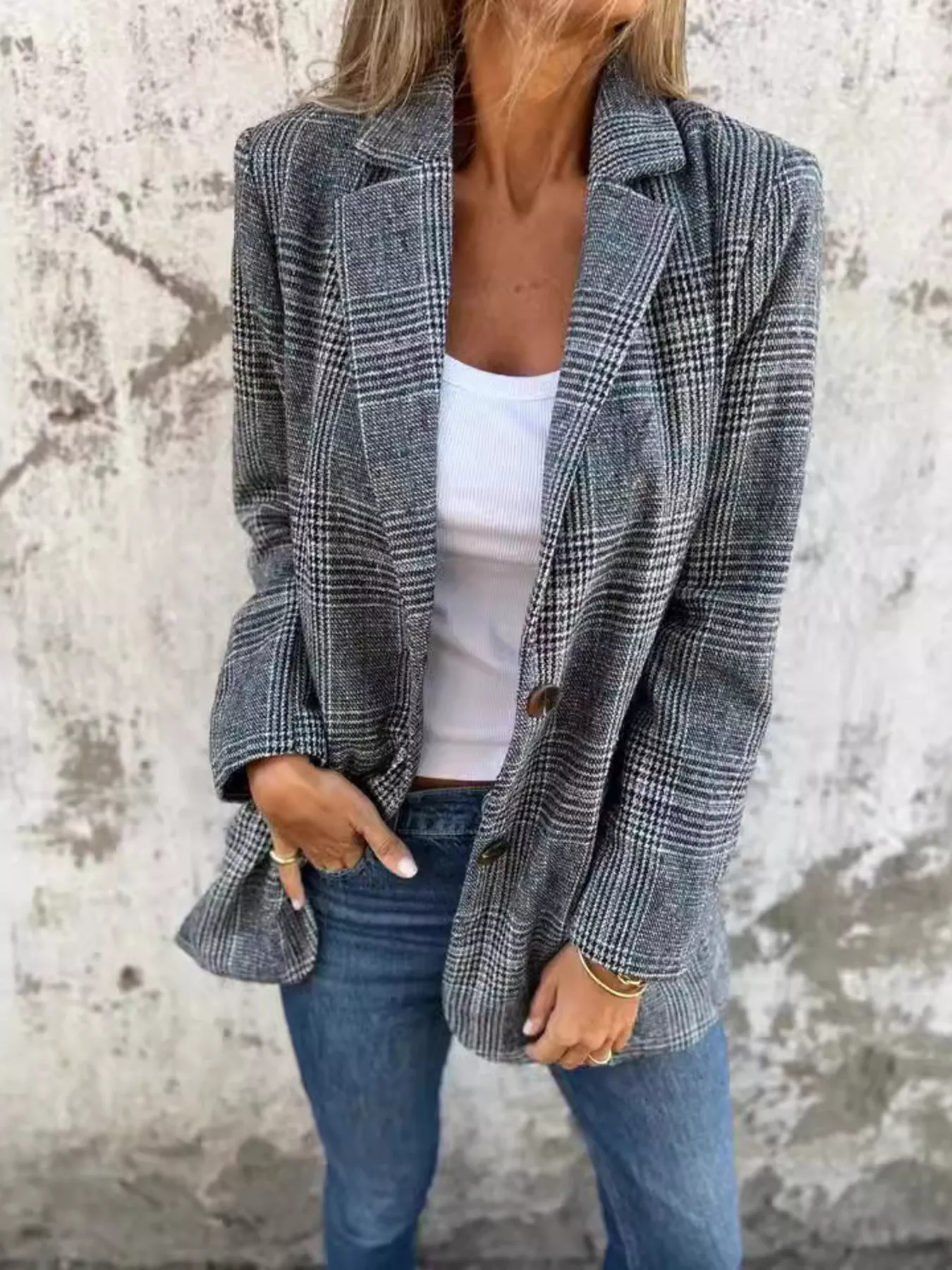 Full Size Plaid Single-Breasted Long Sleeve Blazer Plus Size - ZKZOOK