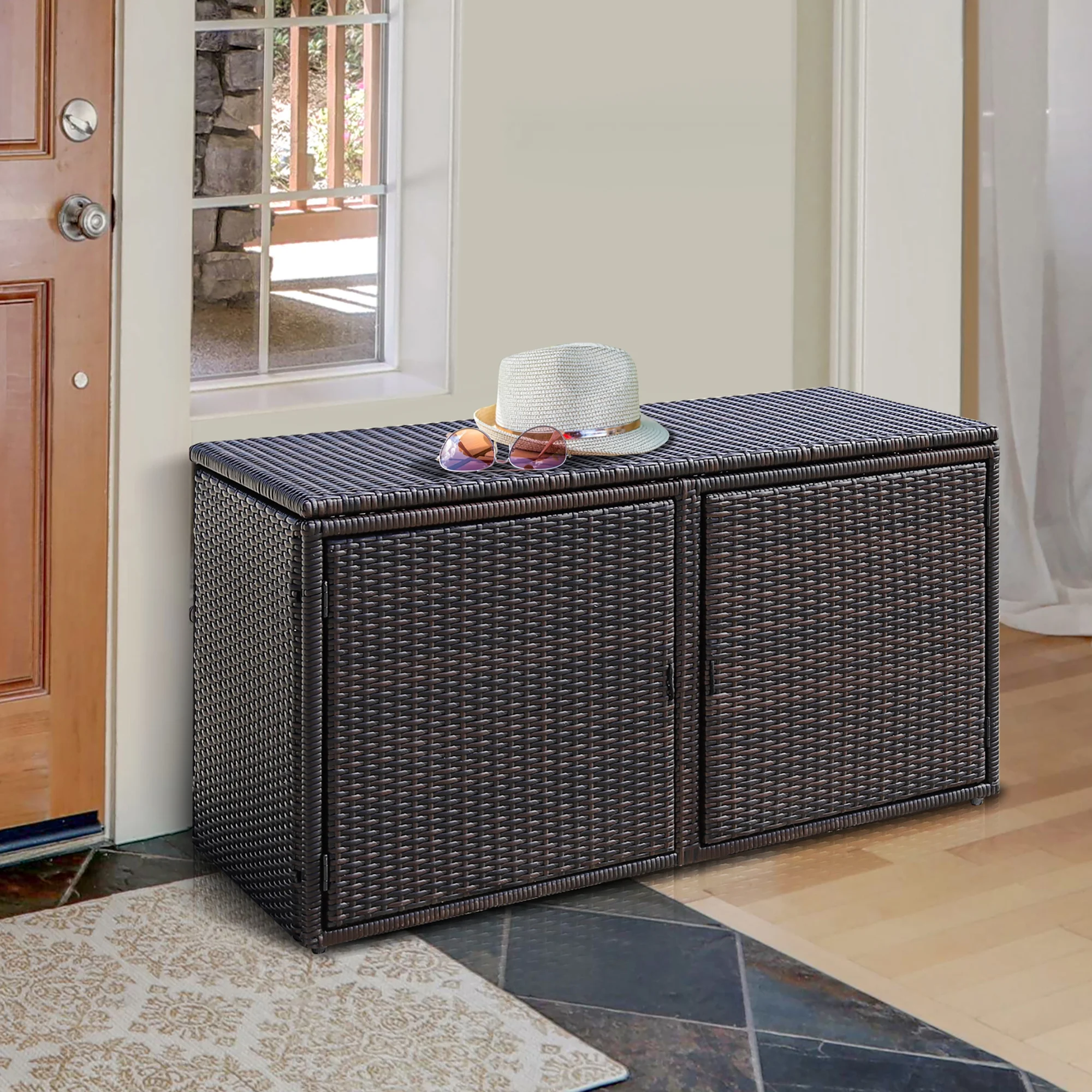 Costway 88 Gallon Garden Patio Rattan Storage Container Box Bin Shelf Brown