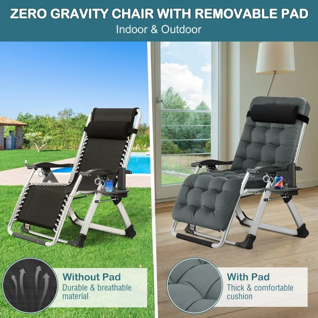 NAIZEA 2 Pack Zero Gravity Chair, Foldable Portable Lawn Recliner with Cushion, Headrest, Cup Holder, Black - Image 78