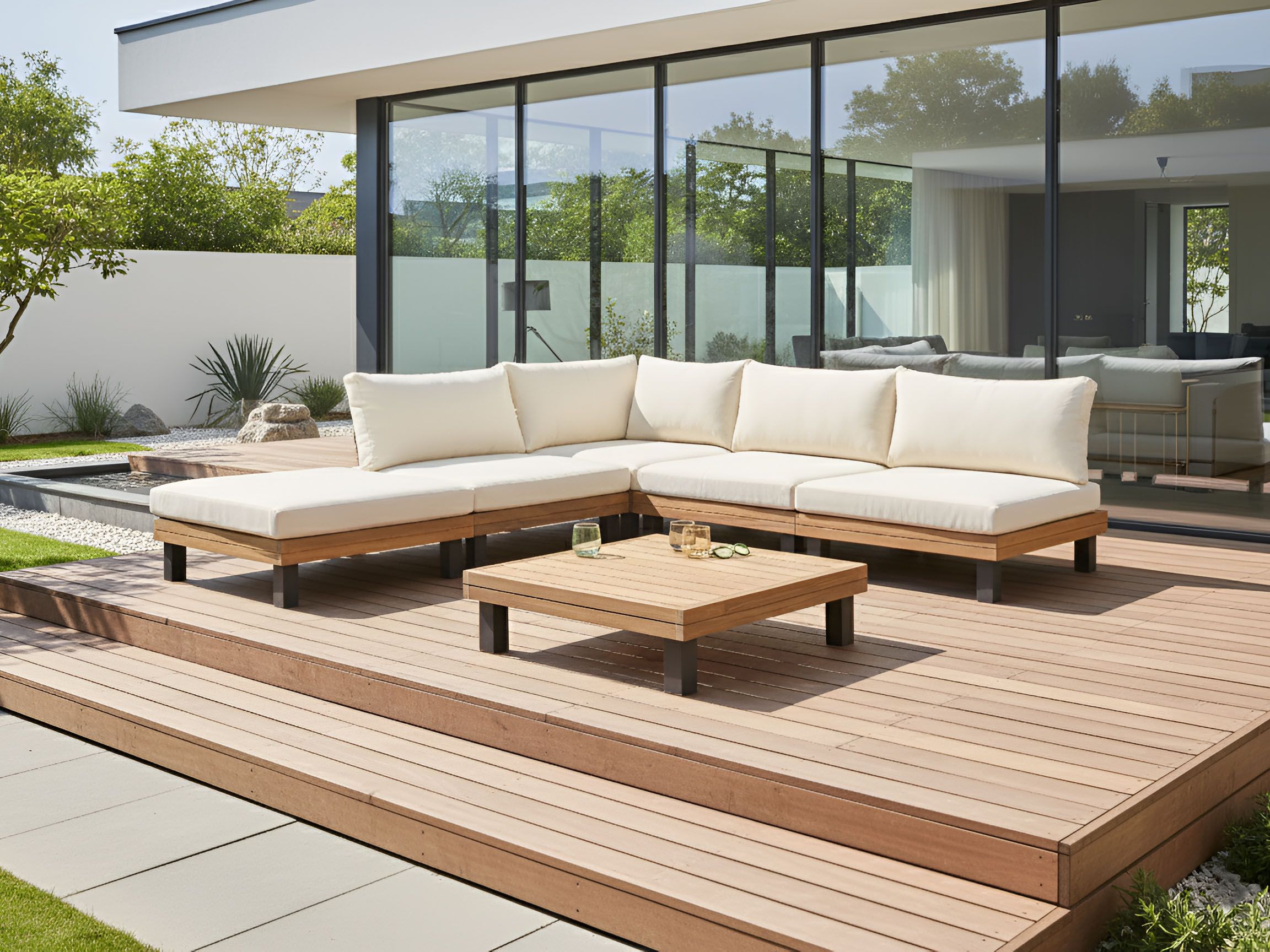 Garden Corner Sofa with Table 5 Seater FRAZZANO Certified Acacia Wood Off-White