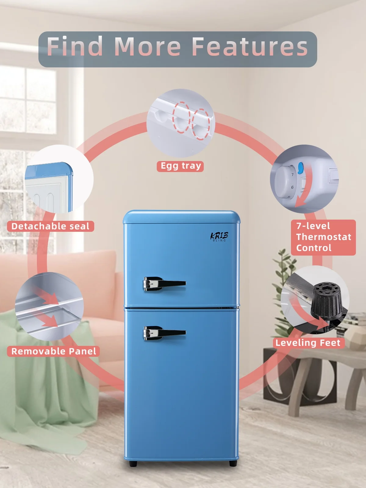 Krib B Compact Refrigerator 3.5 Cu.ft, Mini Fridge with Freezer, Modern Fridge with Dual Door, 7 Grade Temperature Adjustment, Silver - Image 24