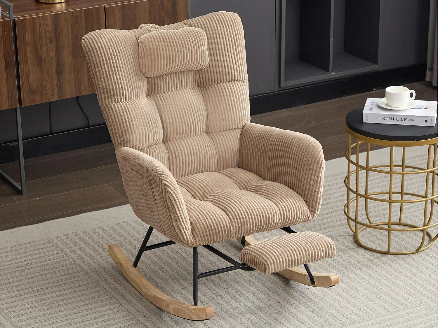 Fauteuil à bascule 102 x 65 x 92 cm - assise rembourrée - Dossier haut - avec coussin de nuque - Marron