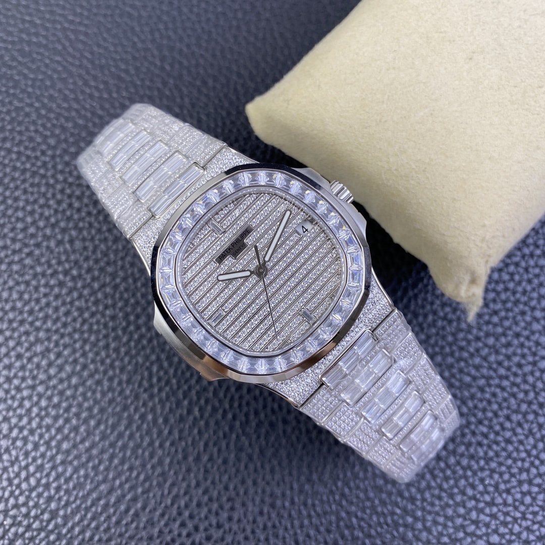 Fake diamond watch Patek Philippe Replica Nautilus Date Sweep Seconds White Gold/Diamonds Dial & Bezel 5719/10G-010 TWF(1:1 replica) - Top club