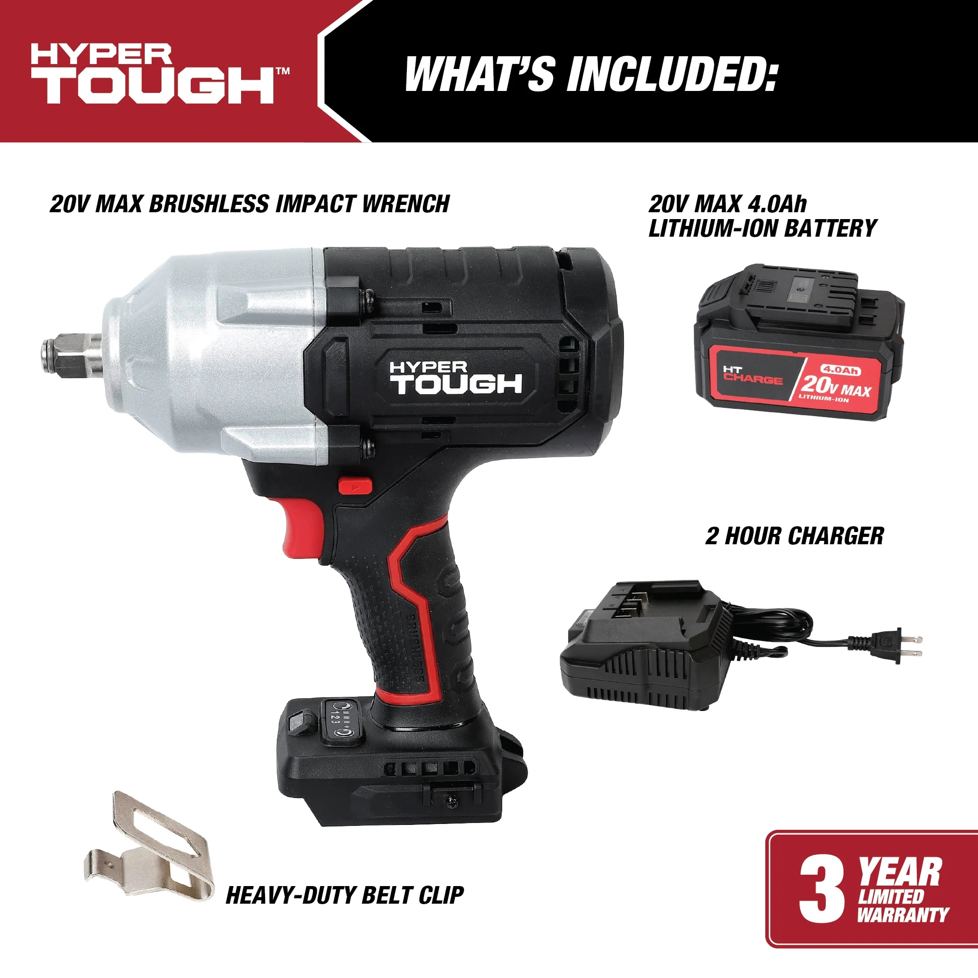 Hyper Tough 20V Max Brushless 1/2-inch High-Torque Cordless Impact Wrench with 4.0Ah Lithium-Ion Battery and Charger - Image 5