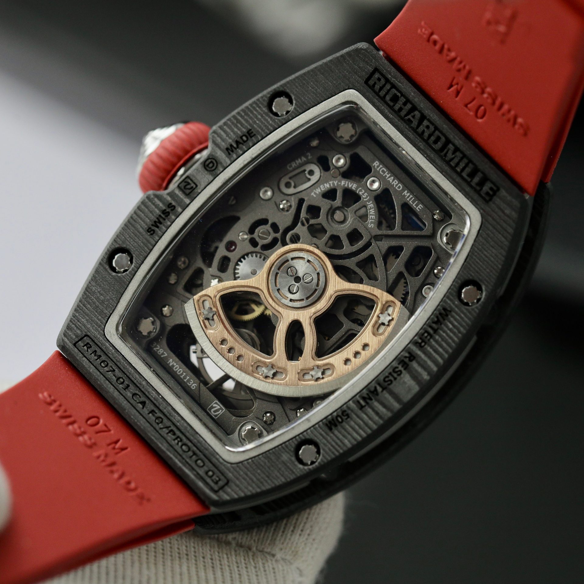 Richard Mille Replica 1:1 Watch RM07 Carbon Black Red Rubber Strap 36mm - Top club